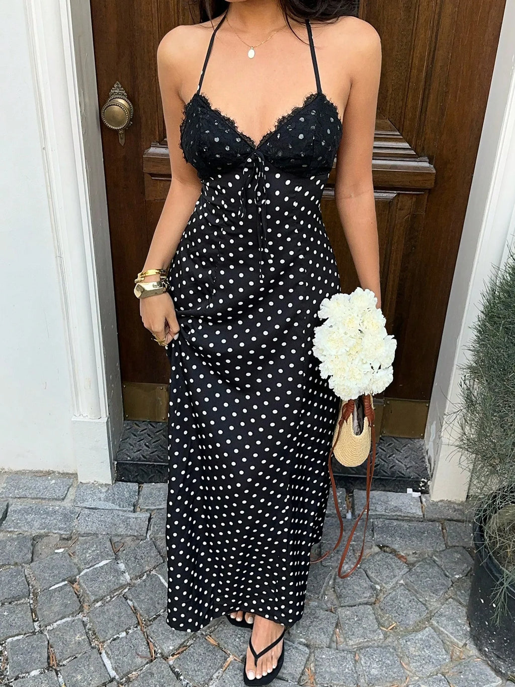 Women's Polka Dot Halter Backless Maxi Dress – Elegant Black Tie-Back Vacation Dress