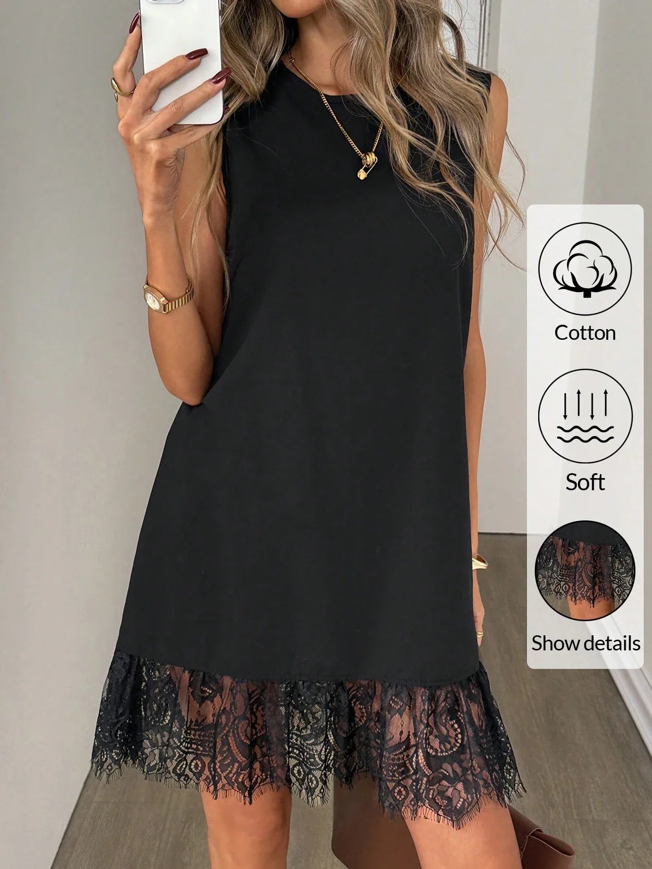 Women's Cotton Lace Hem Mini Dress – Casual Black Sleeveless Vacation Dress