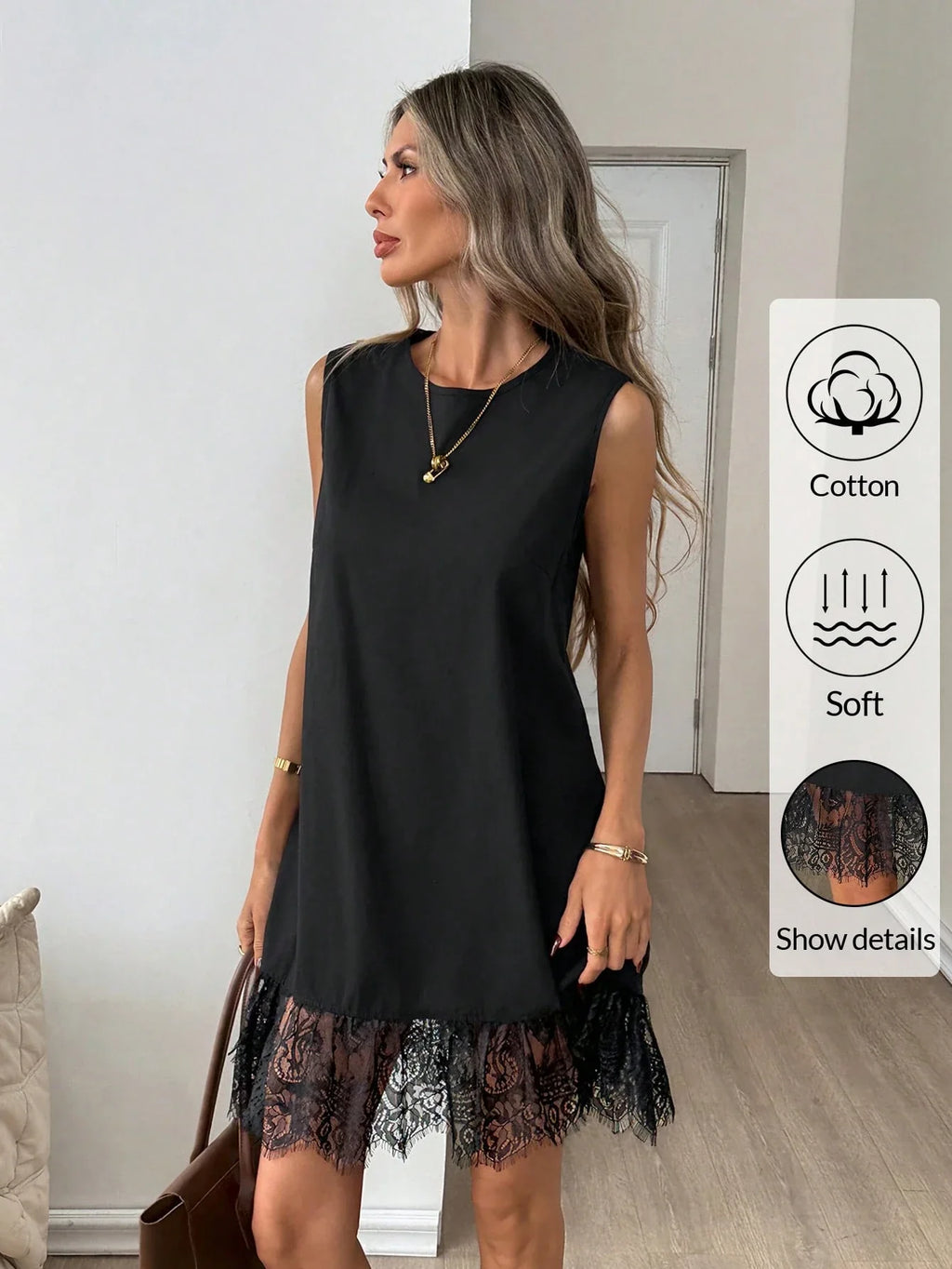 Women's Cotton Lace Hem Mini Dress – Casual Black Sleeveless Vacation Dress