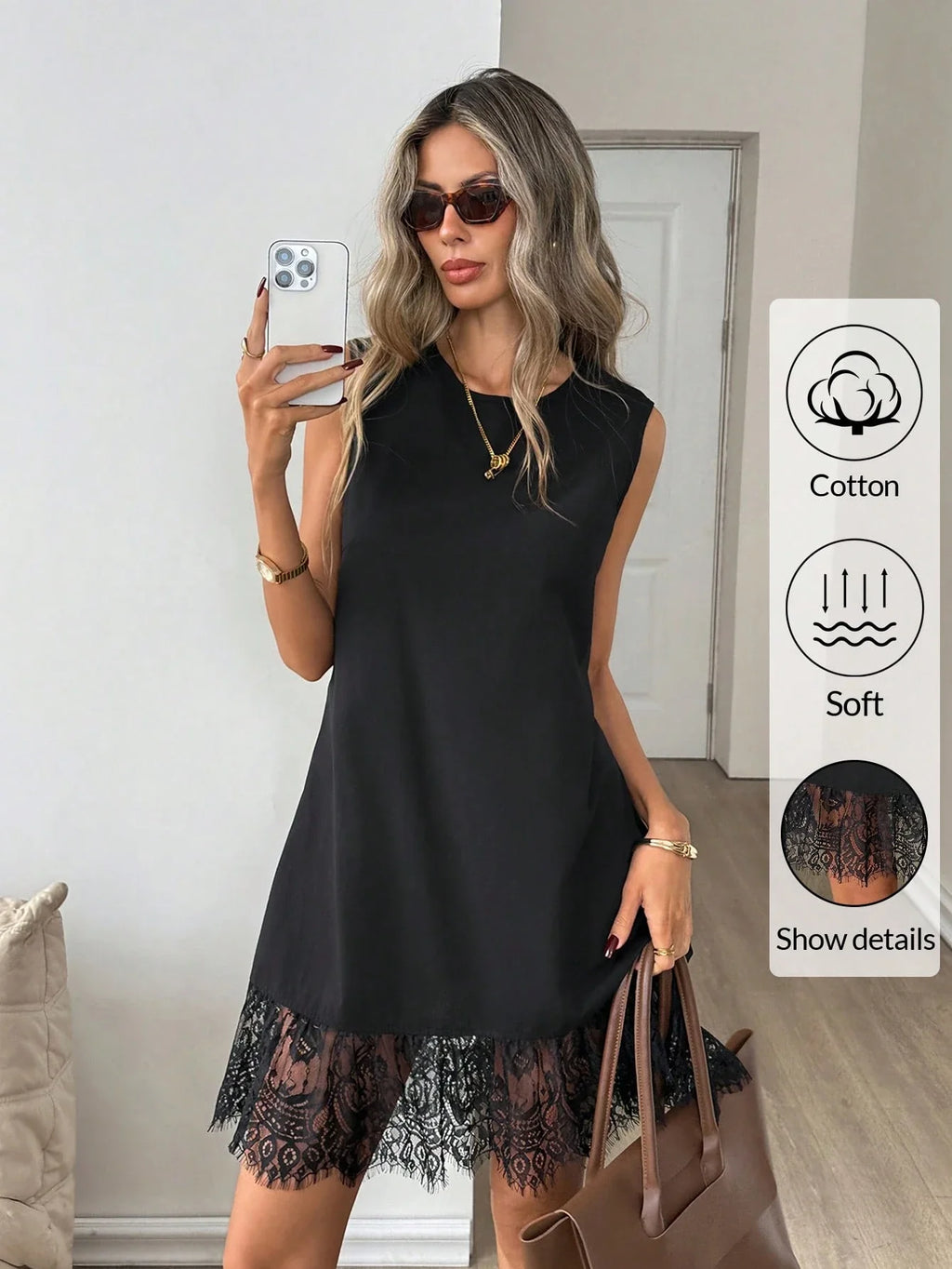 Women's Cotton Lace Hem Mini Dress – Casual Black Sleeveless Vacation Dress