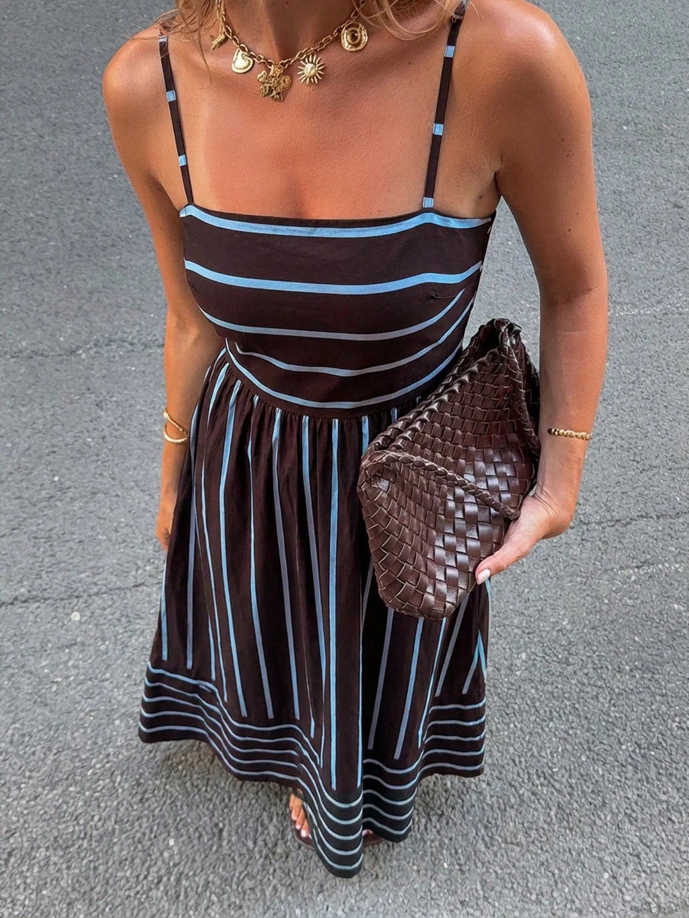 Women's Striped Spaghetti Strap Maxi Dress – Casual Rust Brown Vacation Dress