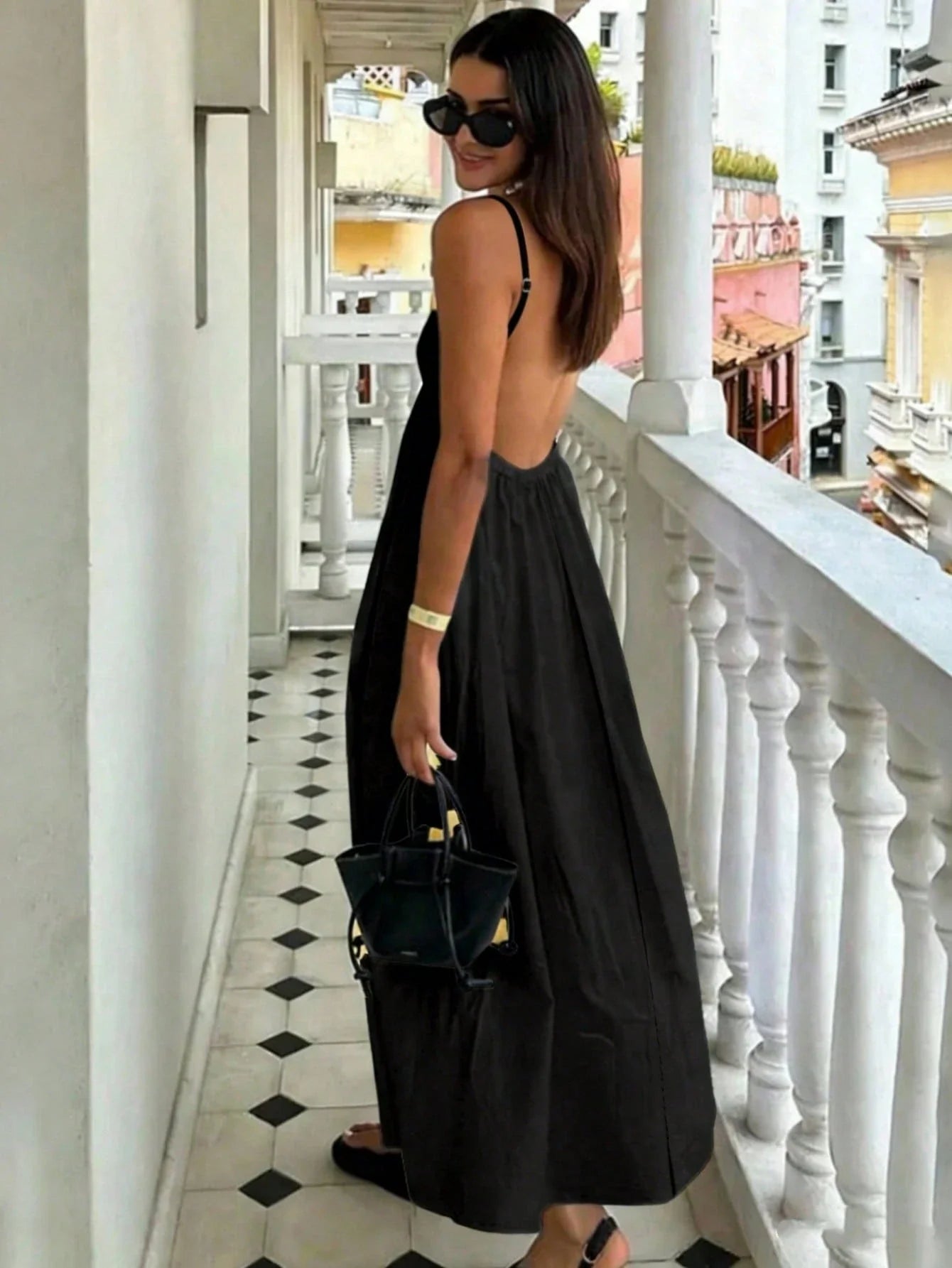 Women's Black Spaghetti Strap Backless Midi Dress – Casual Flowy Summer Dress