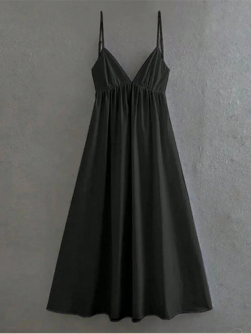 Women's Black Spaghetti Strap Backless Midi Dress – Casual Flowy Summer Dress