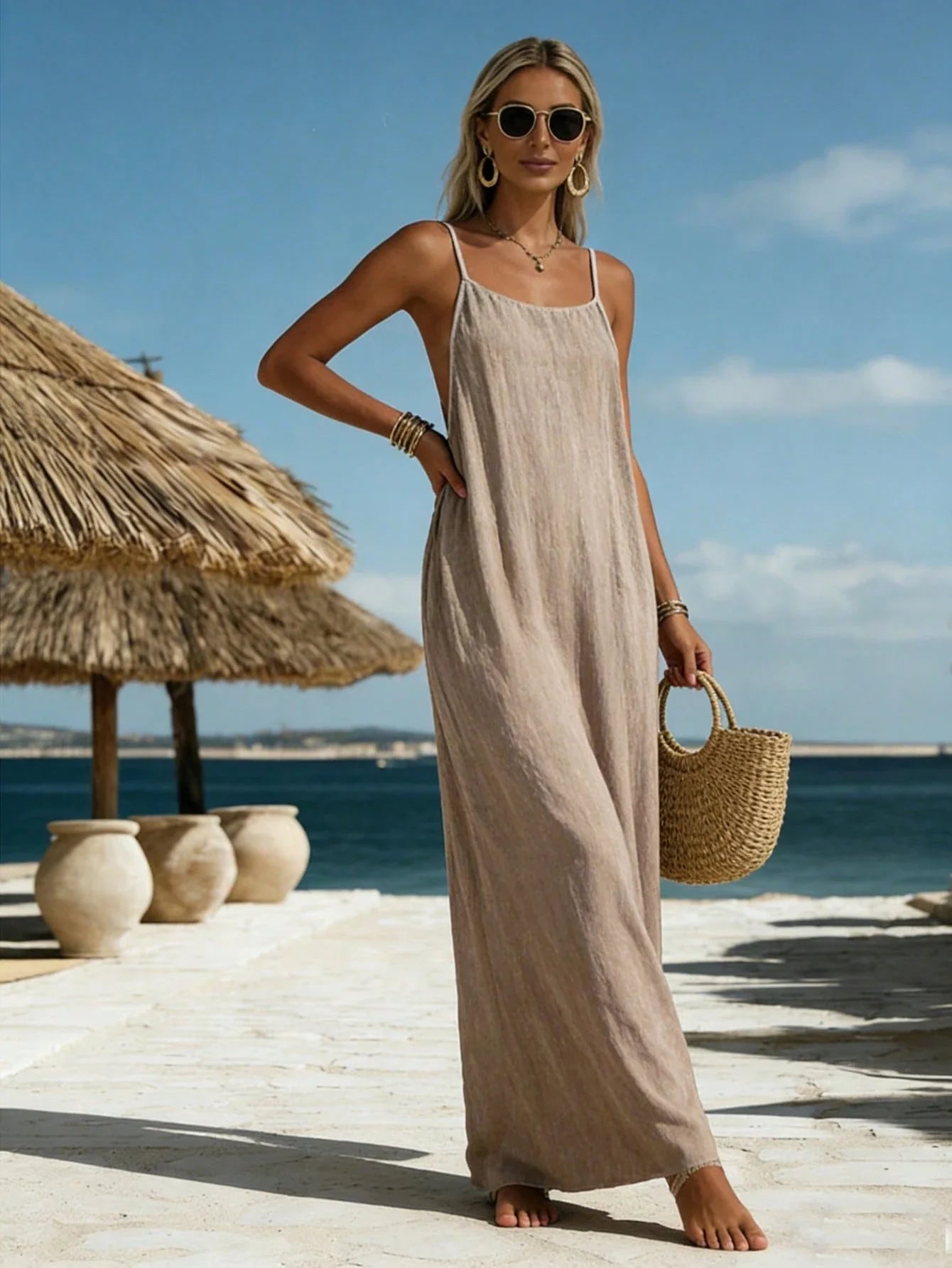 Women's Backless Tie-Up Maxi Dress – Elegant Khaki Beach Vacation Dress