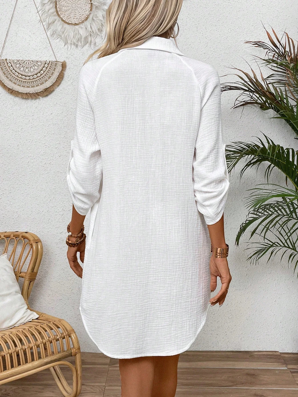 Women's Textured Button-Front Shirt Dress – Casual White Cotton Midi Dress