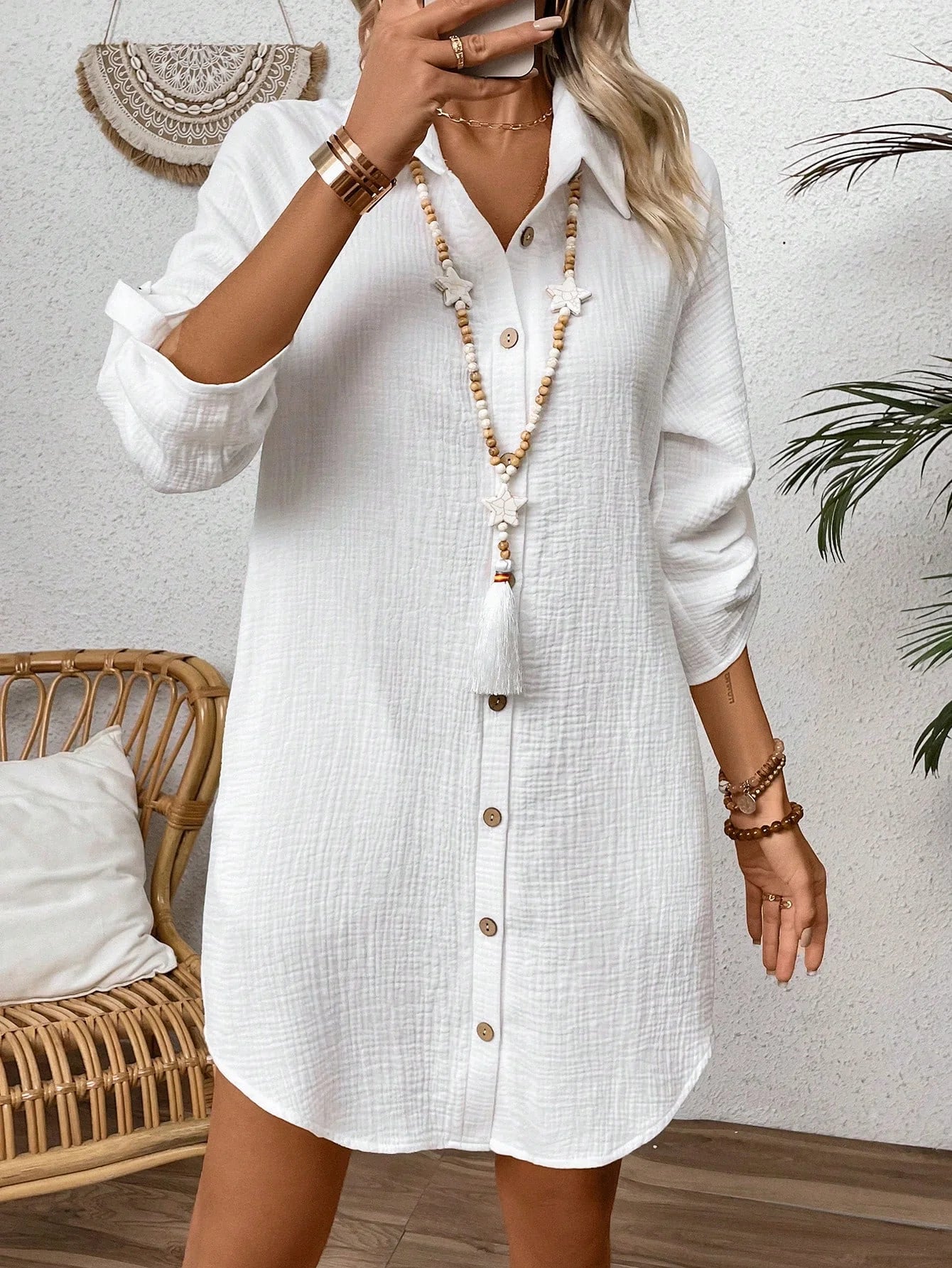 Women's Textured Button-Front Shirt Dress – Casual White Cotton Midi Dress