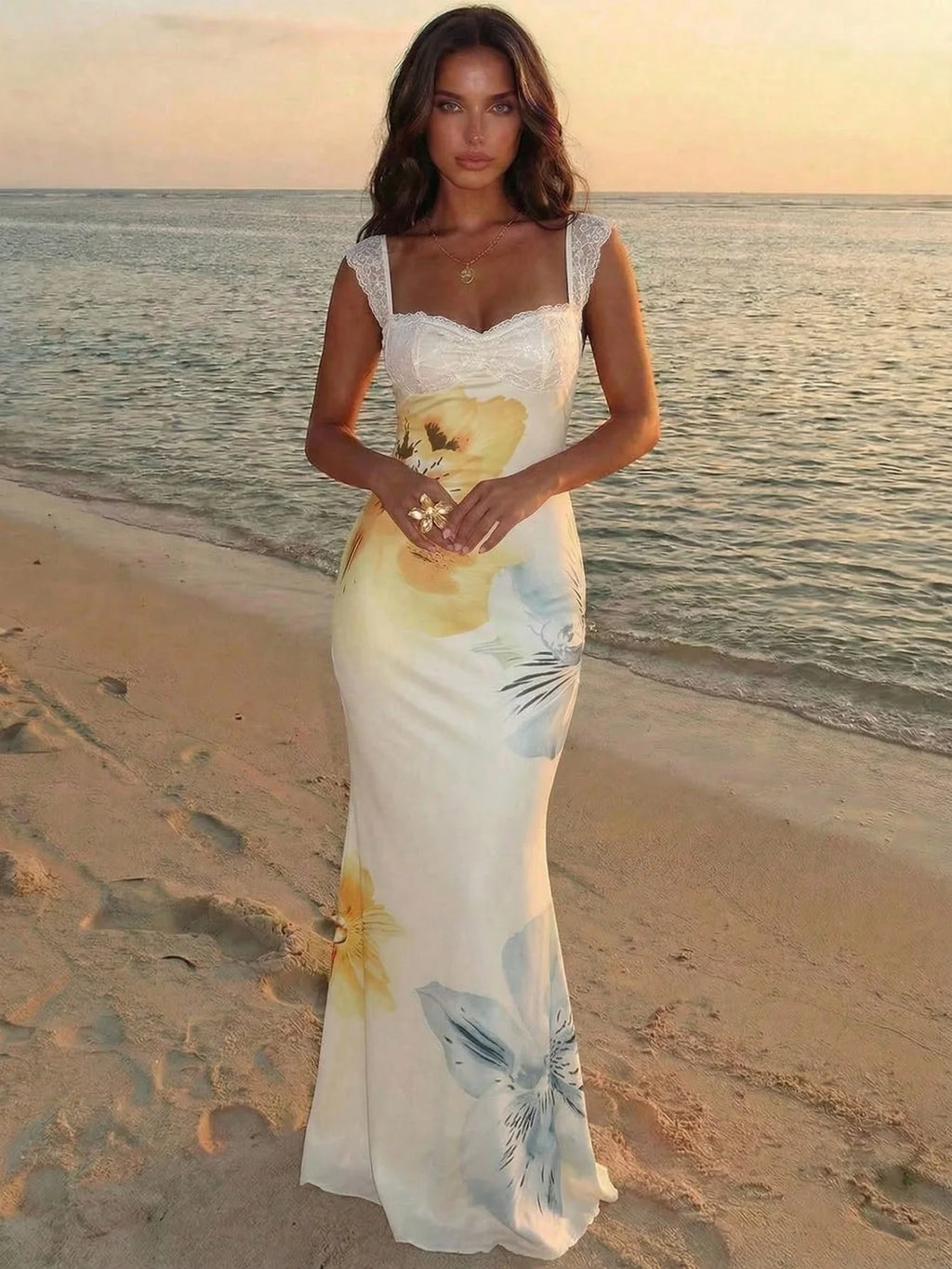 Women's Floral Mesh Backless Mermaid Maxi Dress – Yellow Gradient Bodycon Dress