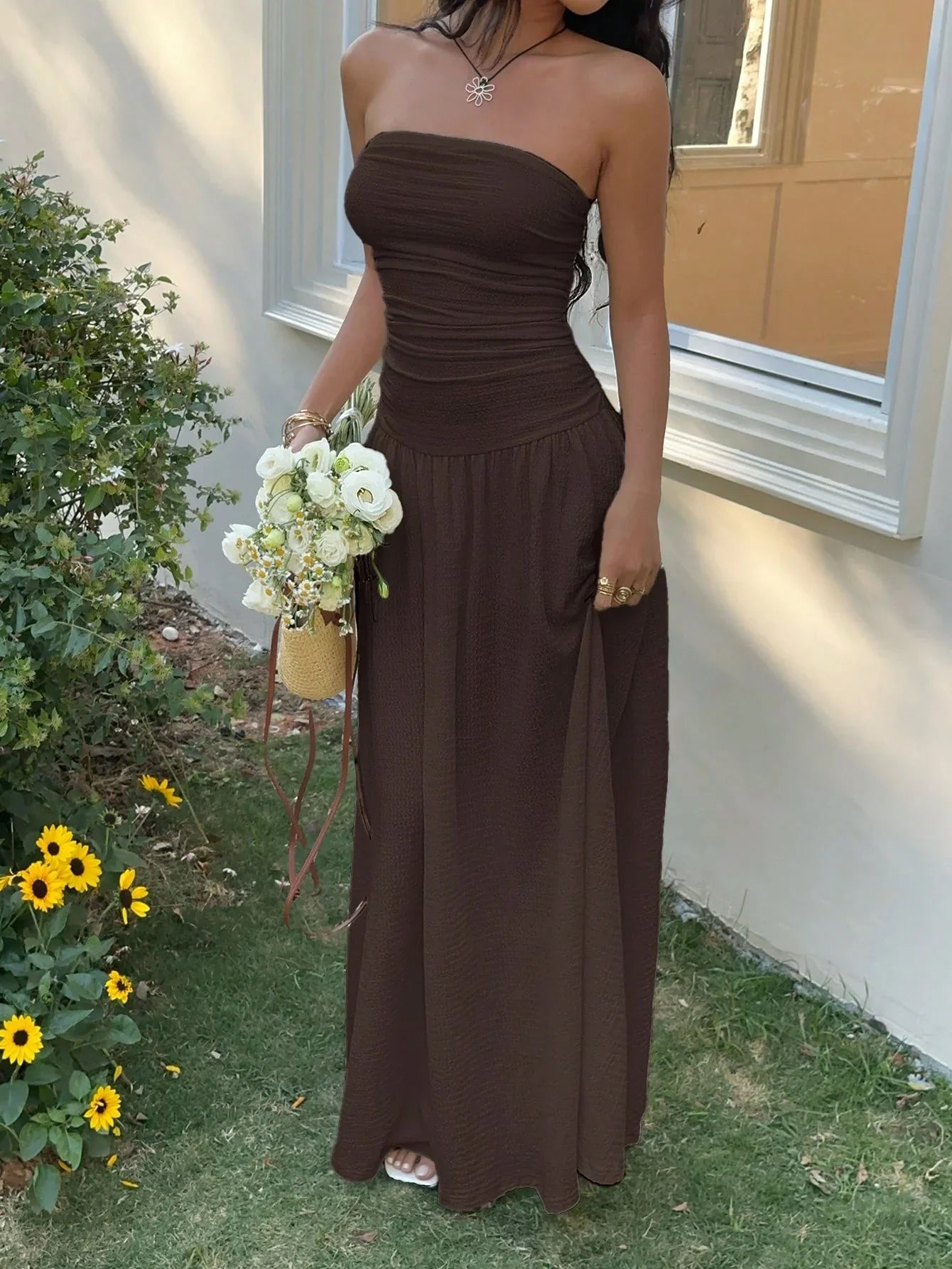 Women's Strapless Ruched Maxi Dress – Elegant Brown Flowy Summer Dress
