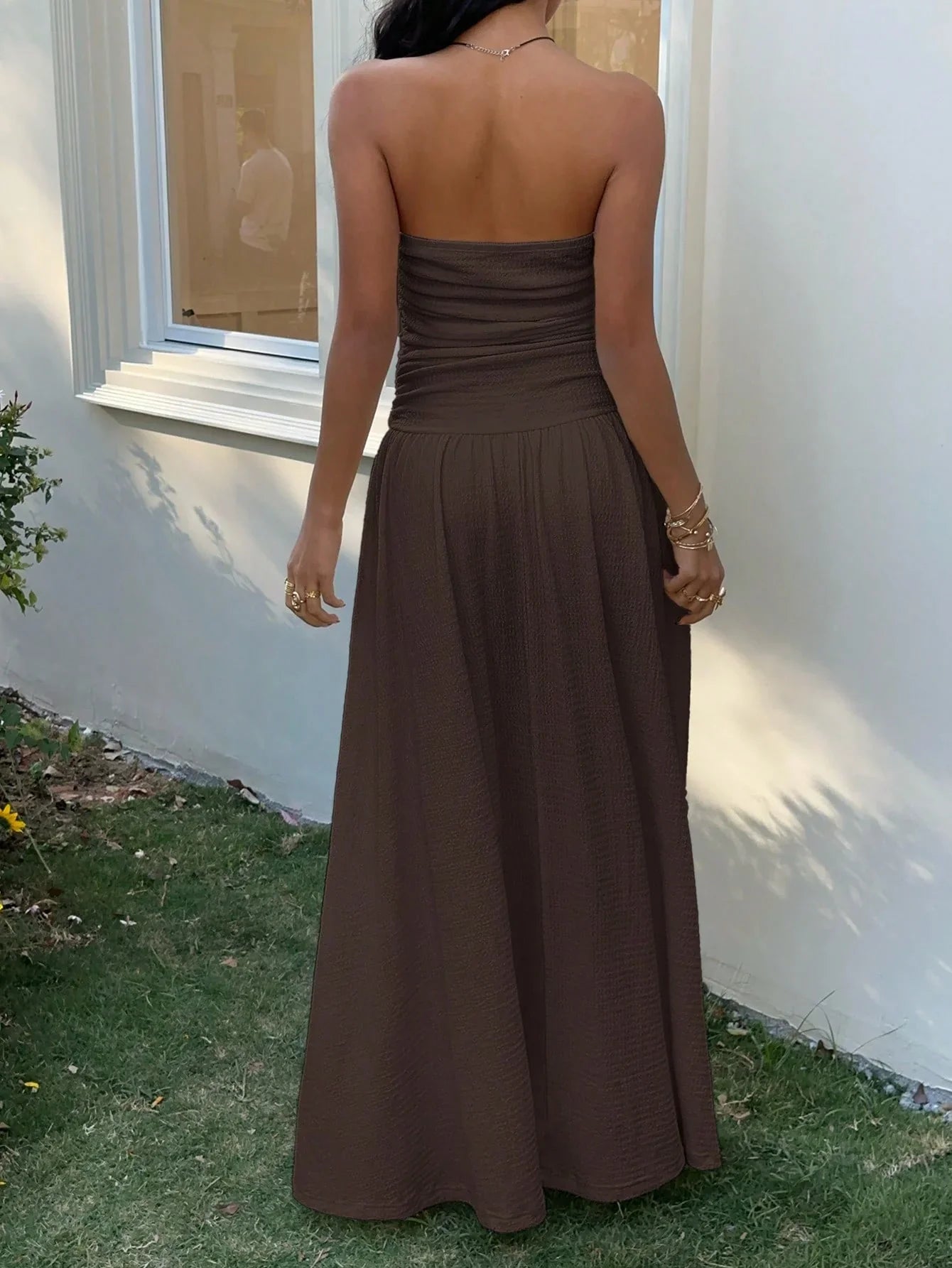 Women's Strapless Ruched Maxi Dress – Elegant Brown Flowy Summer Dress