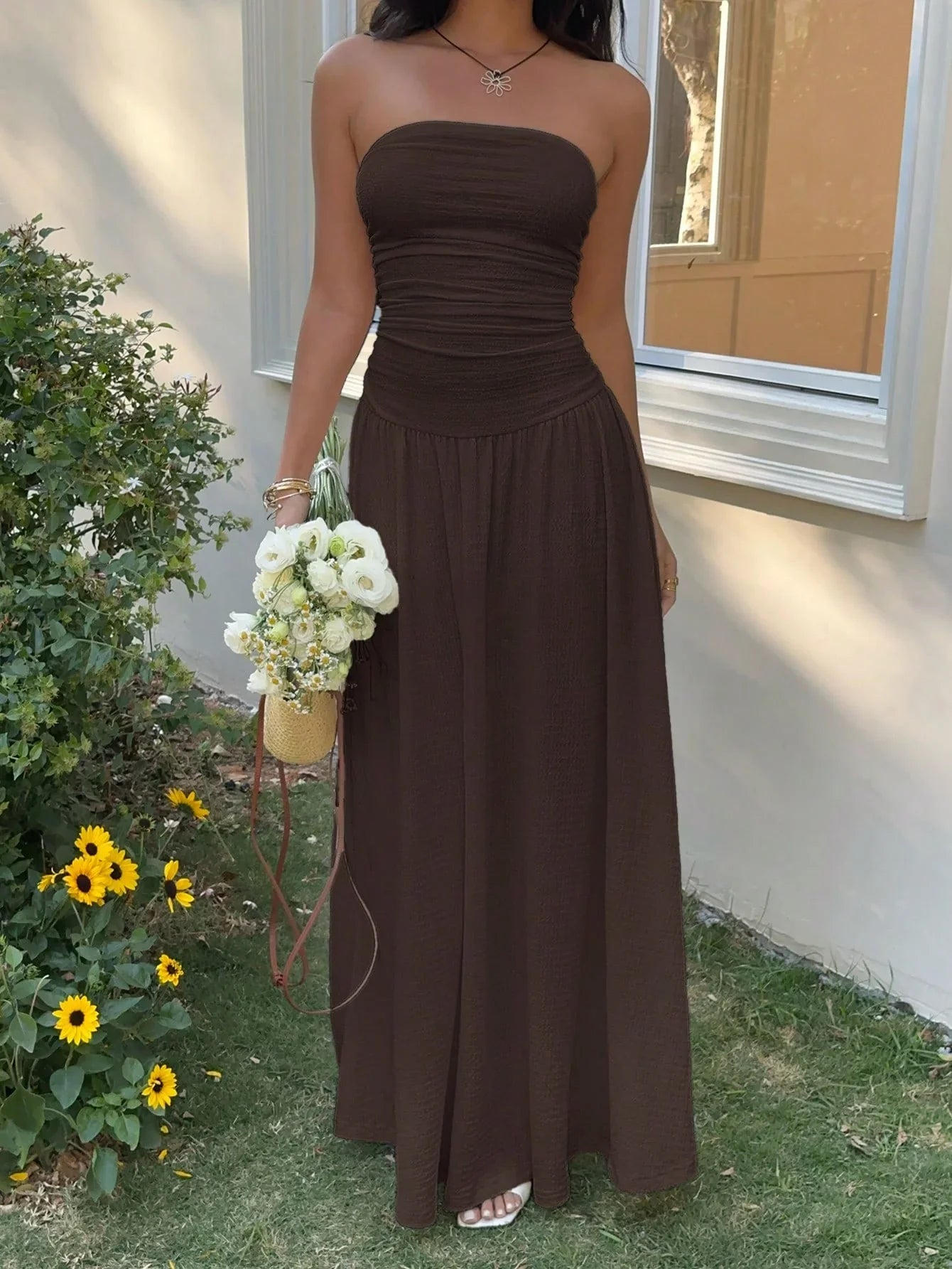 Women's Strapless Ruched Maxi Dress – Elegant Brown Flowy Summer Dress