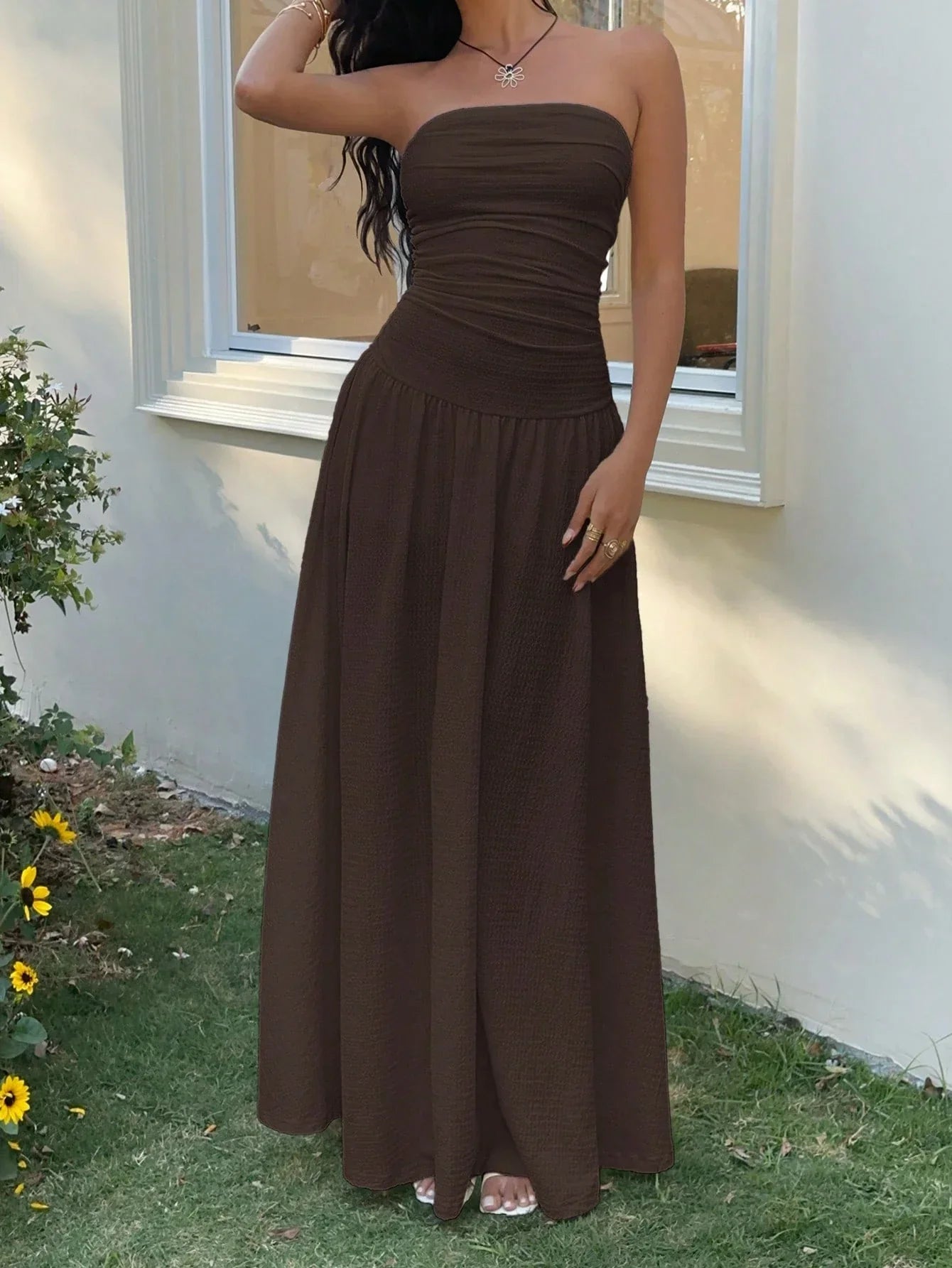 Women's Strapless Ruched Maxi Dress – Elegant Brown Flowy Summer Dress