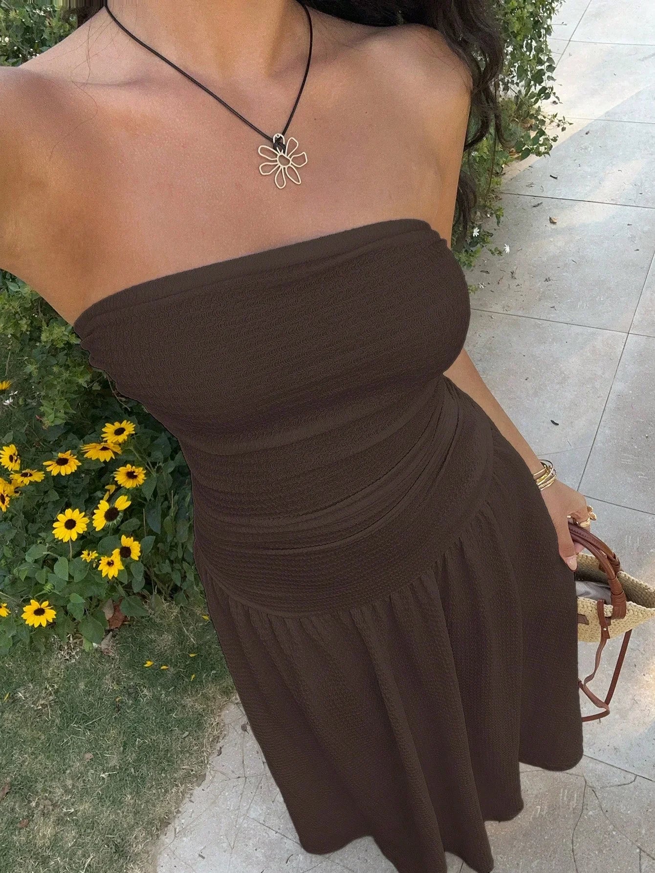 Women's Strapless Ruched Maxi Dress – Elegant Brown Flowy Summer Dress