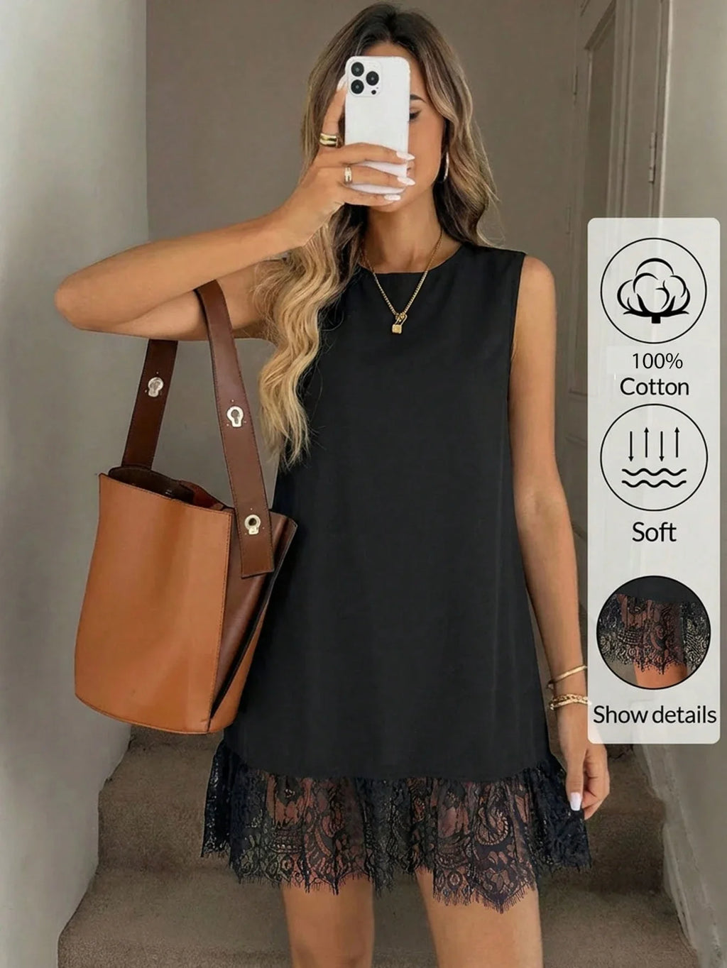 Women's Cotton Lace Hem Mini Dress – Casual Black Sleeveless Vacation Dress