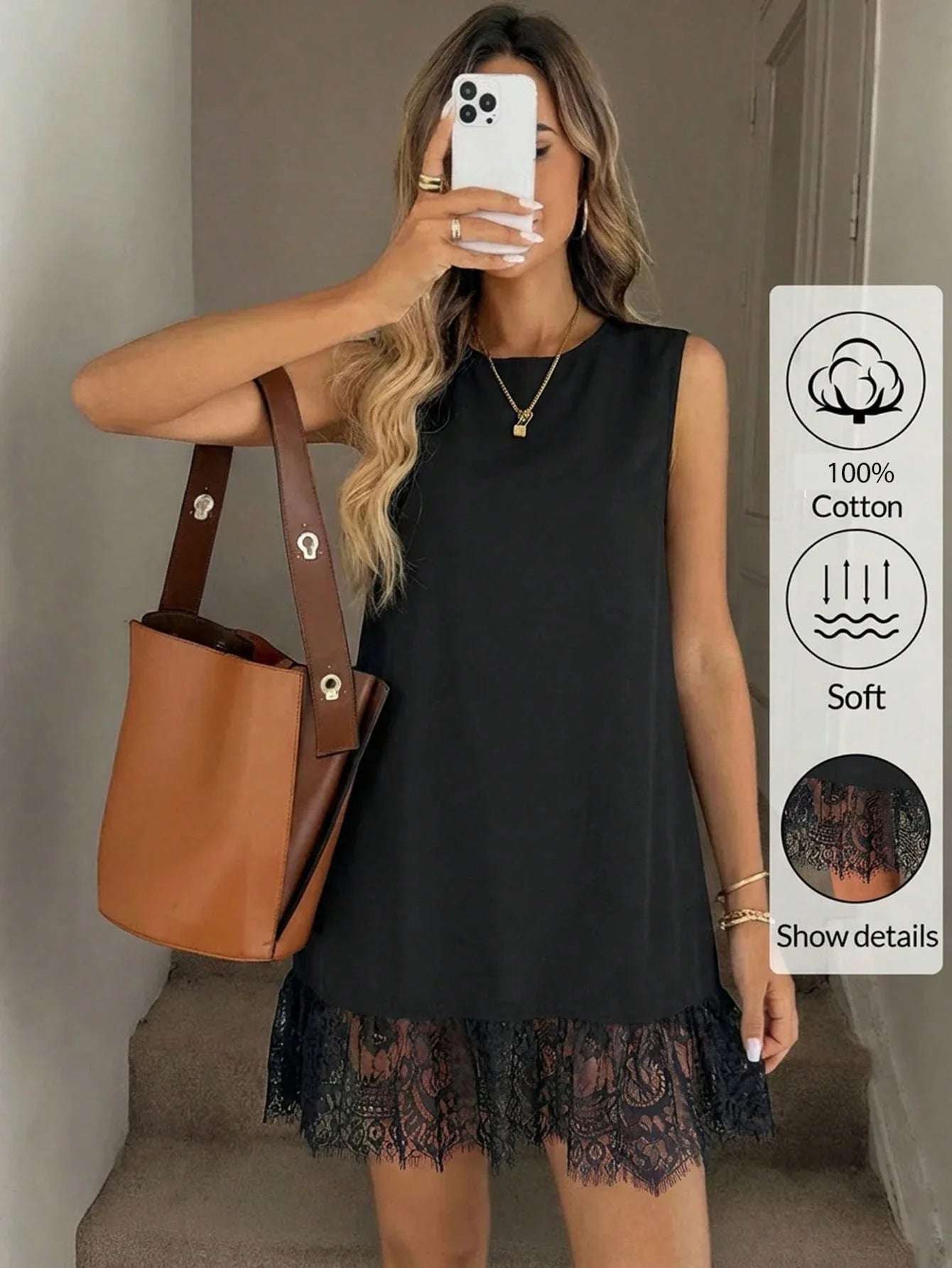 Women's Cotton Lace Hem Mini Dress – Casual Black Sleeveless Vacation Dress