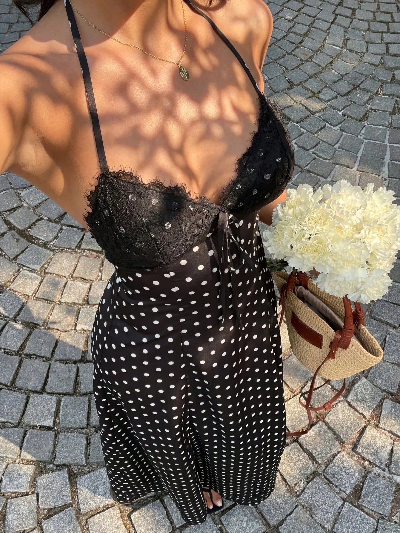 Women's Polka Dot Halter Backless Maxi Dress – Elegant Black Tie-Back Vacation Dress