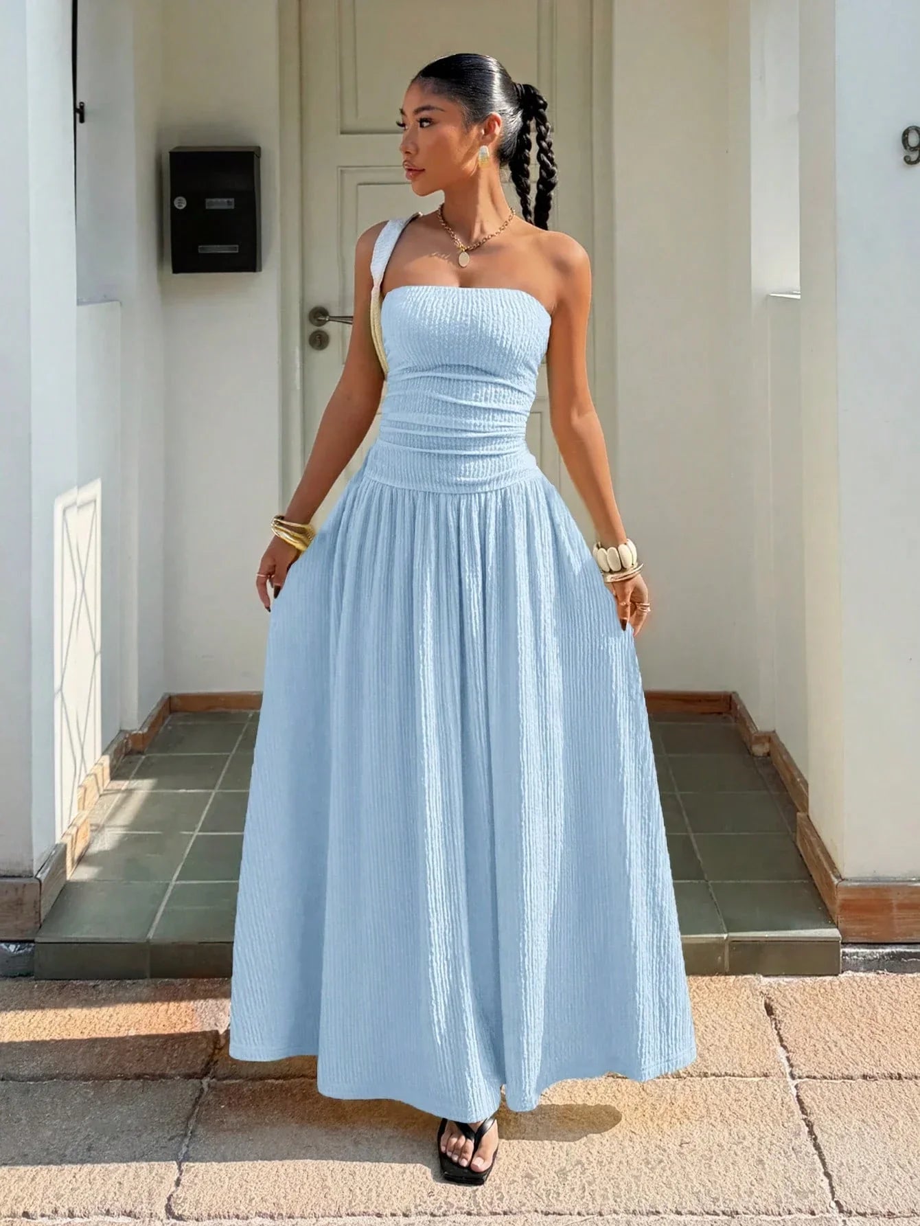 Women's Baby Blue Textured Knit Maxi Dress – Elegant Spaghetti Strap Vacation Dress