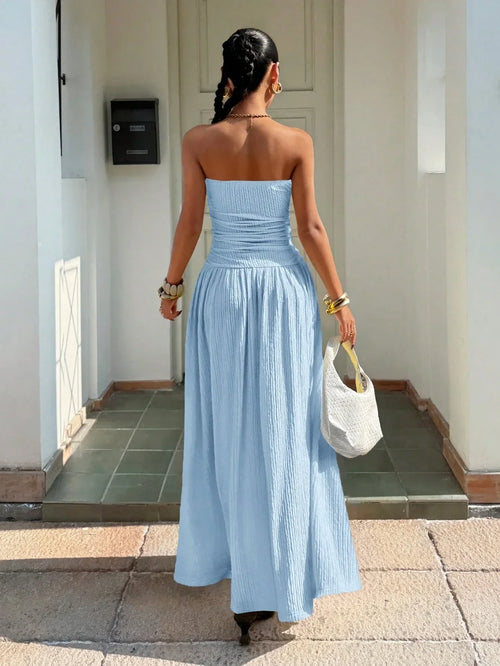 Women's Baby Blue Textured Knit Maxi Dress – Elegant Spaghetti Strap Vacation Dress