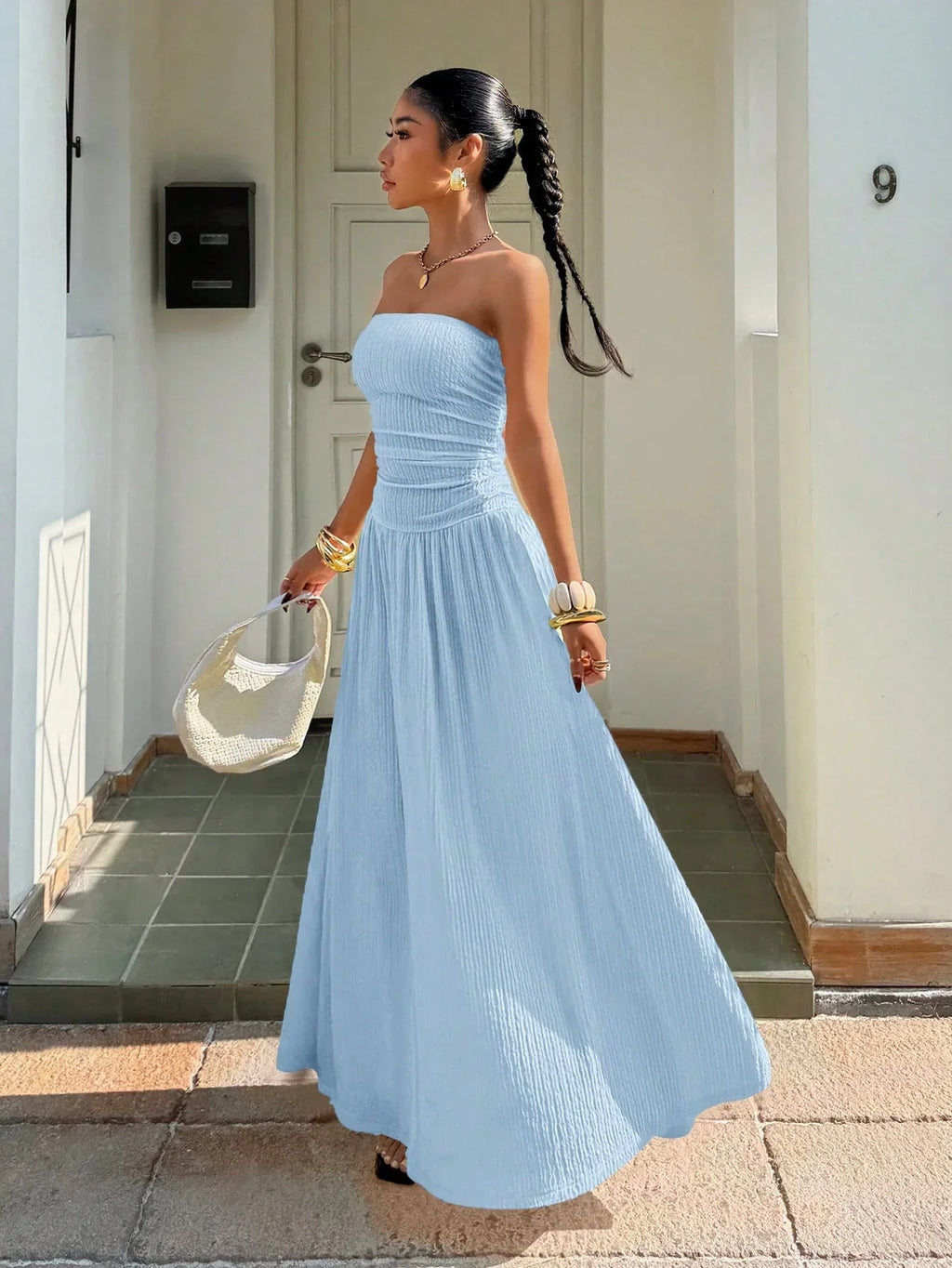 Women's Baby Blue Textured Knit Maxi Dress – Elegant Spaghetti Strap Vacation Dress