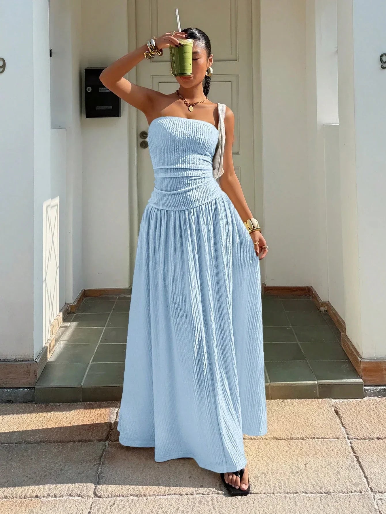 Women's Baby Blue Textured Knit Maxi Dress – Elegant Spaghetti Strap Vacation Dress