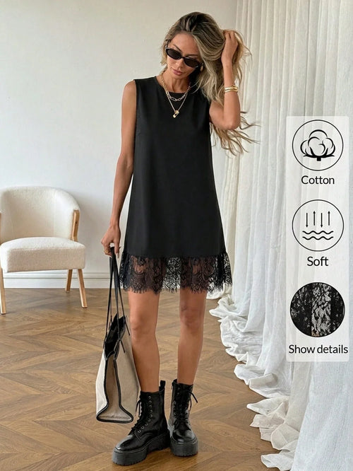 Women's Cotton Lace Hem Mini Dress – Casual Black Sleeveless Vacation Dress