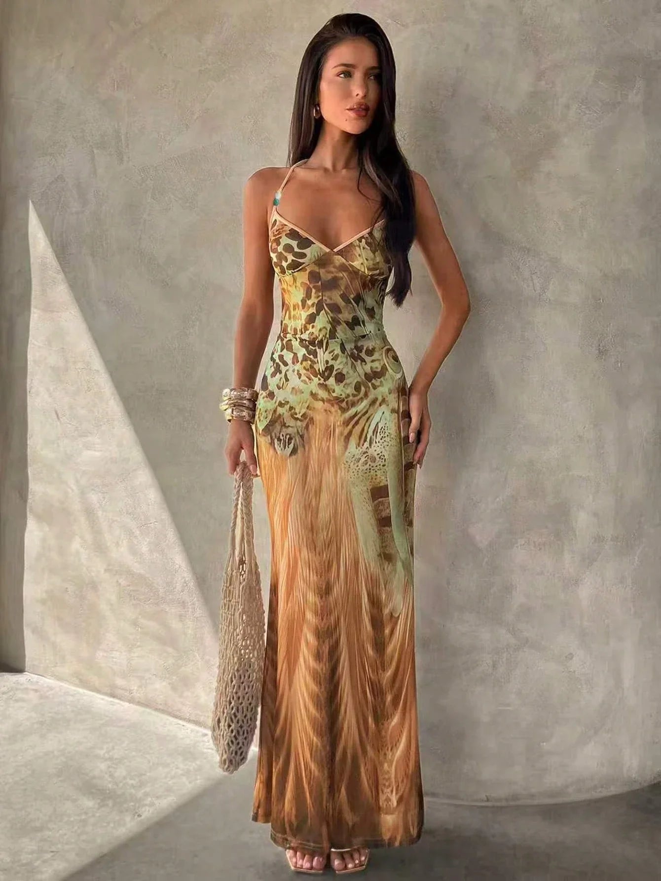 Women's Leopard Print Spaghetti Strap Maxi Dress – Beaded Tassel Party Dress