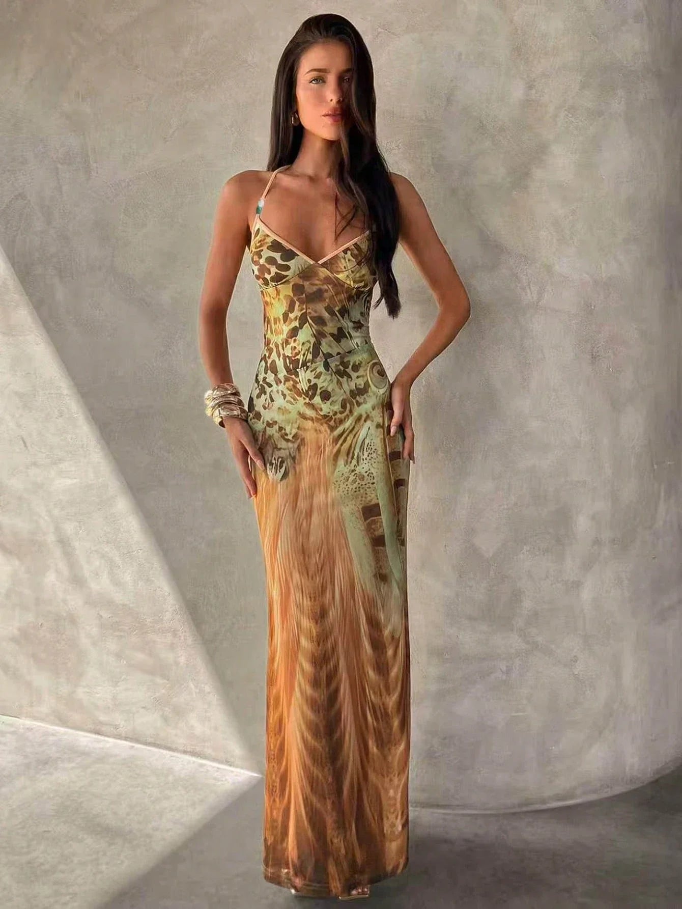 Women's Leopard Print Spaghetti Strap Maxi Dress – Beaded Tassel Party Dress