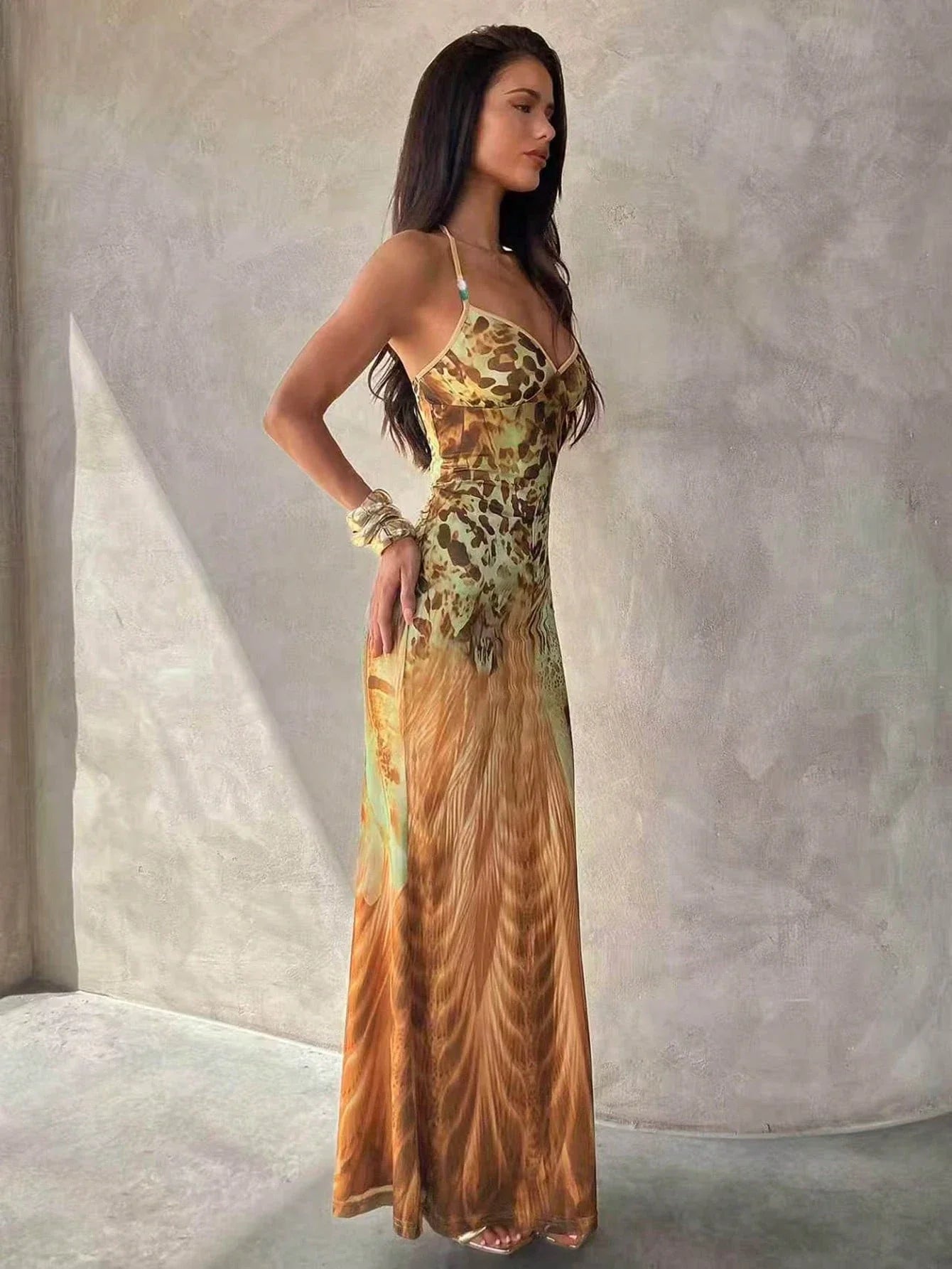 Women's Leopard Print Spaghetti Strap Maxi Dress – Beaded Tassel Party Dress