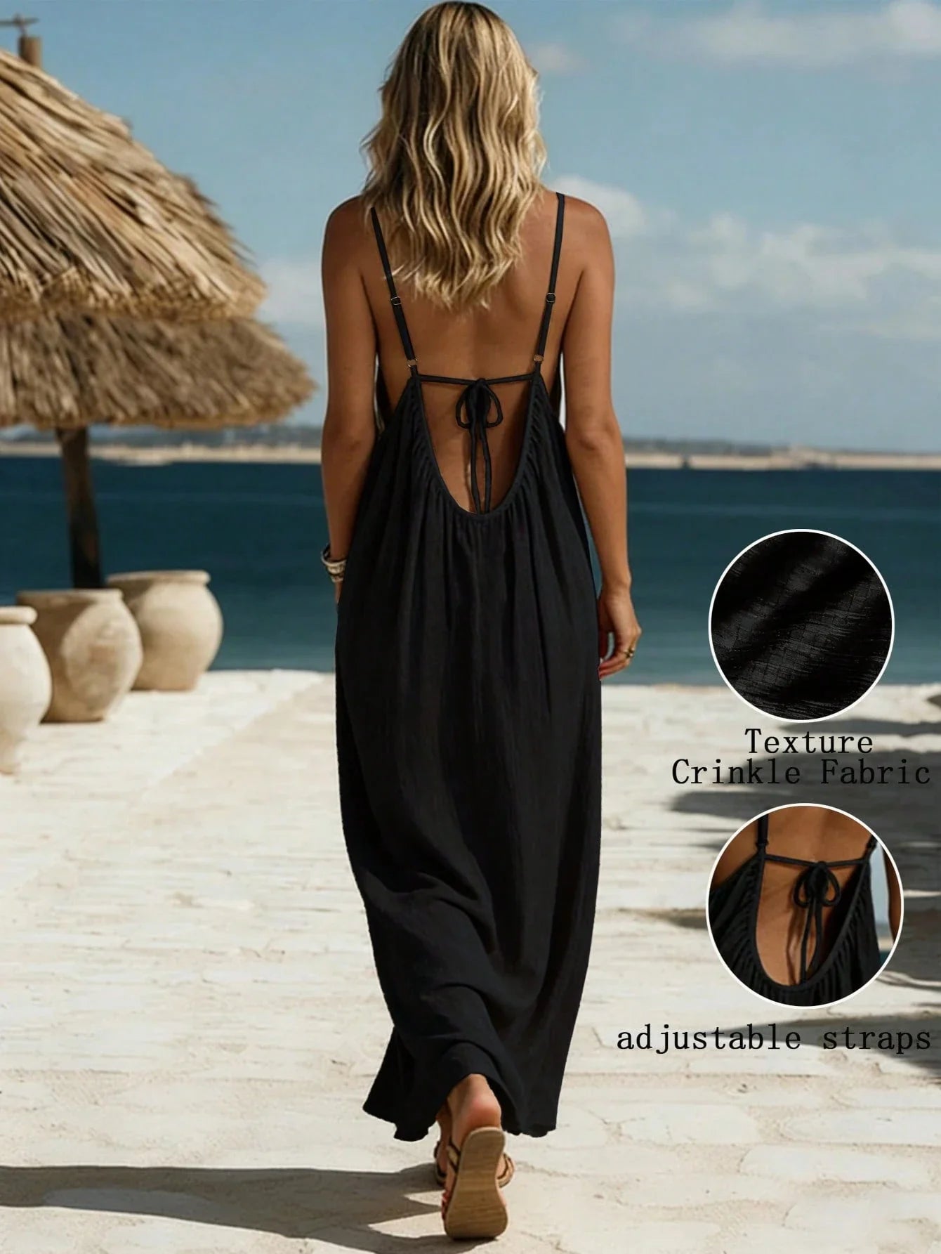 Women's Solid Color Casual Woven Fabric Backless Tie-Up Dress, Beach Resort Wear For Summer Party Elegant Black