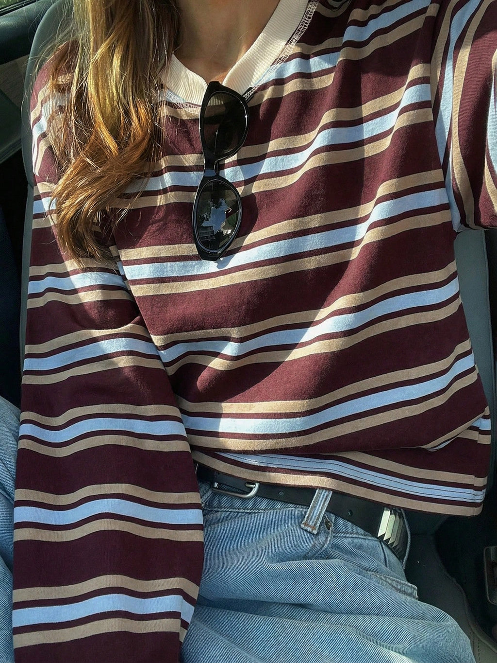 Women's Striped Ribbed Knit Casual Top – Loose Fit Long Sleeve Pullover