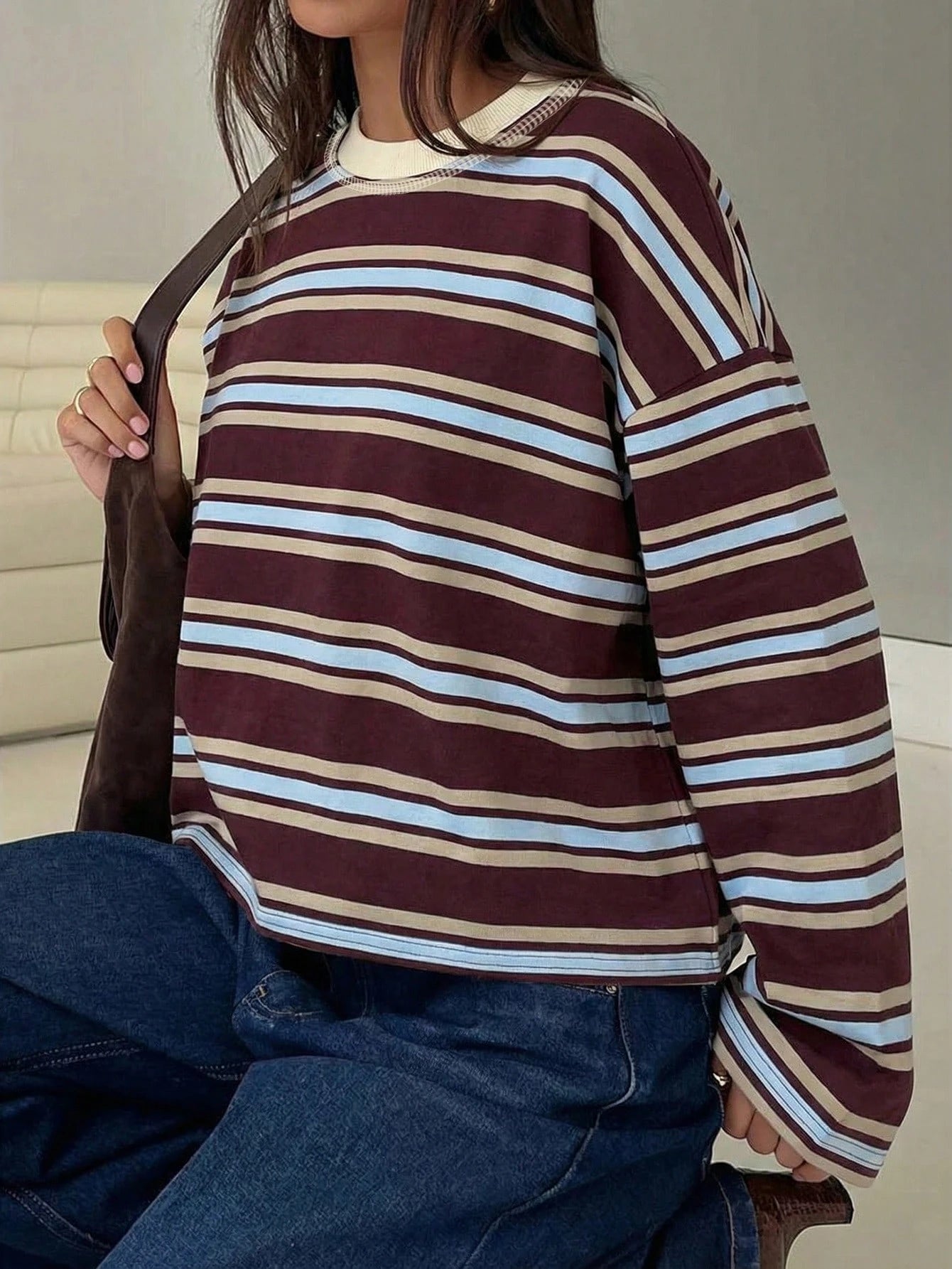 Women's Striped Ribbed Knit Casual Top – Loose Fit Long Sleeve Pullover
