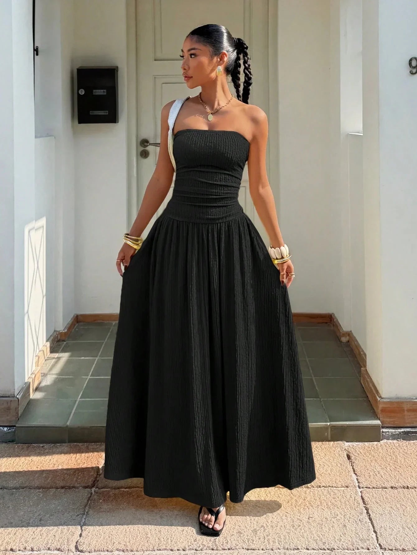 Women's Textured Knit Maxi Dress – Elegant Black Spaghetti Strap Dress