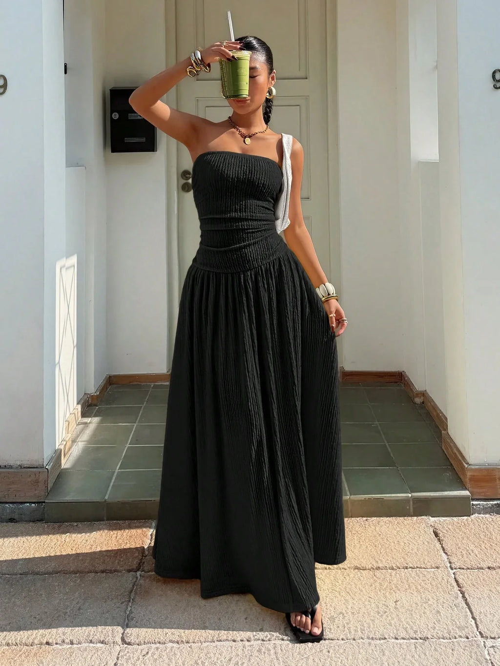 Women's Textured Knit Maxi Dress – Elegant Black Spaghetti Strap Dress