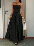 Women's Textured Knit Maxi Dress – Elegant Black Spaghetti Strap Dress