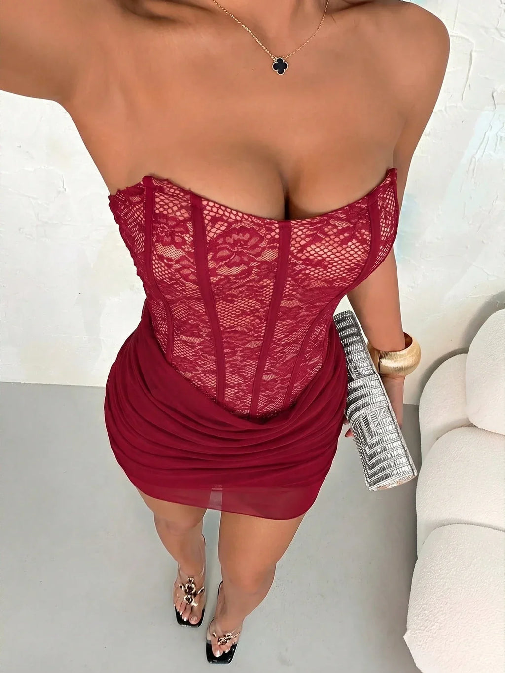 Women's Lace Trim Strapless Bodycon Mini Dress – Backless Burgundy Party Dress