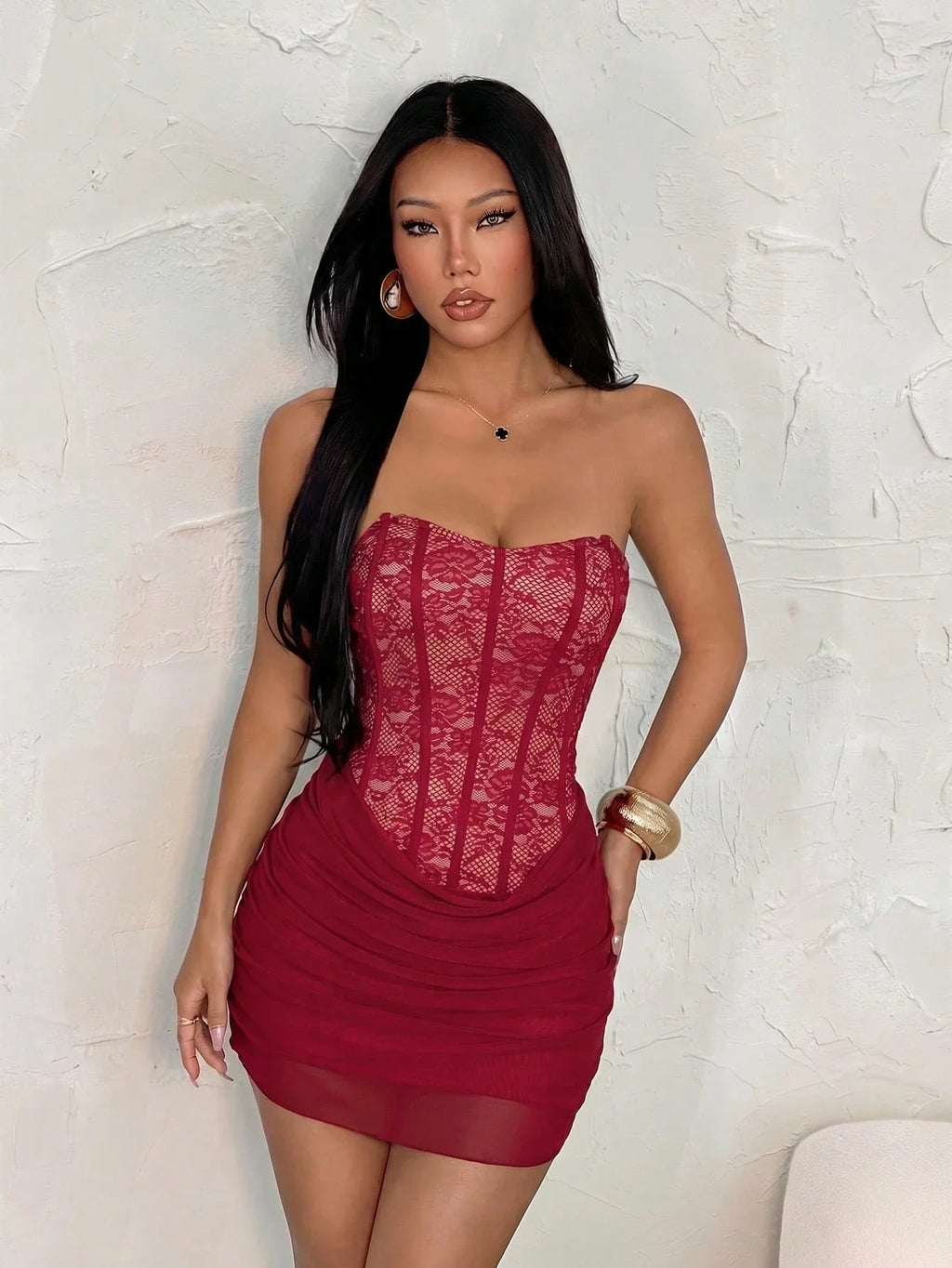 Women's Lace Trim Strapless Bodycon Mini Dress – Backless Burgundy Party Dress