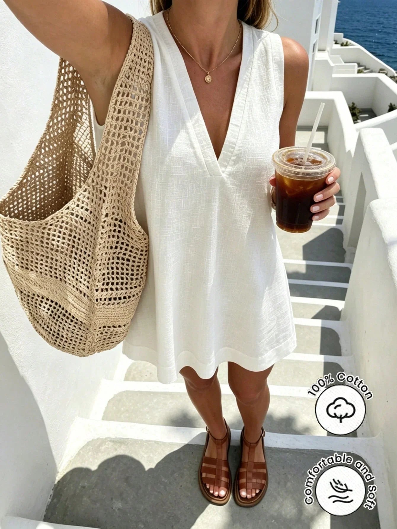 Women's White Cotton Sleeveless V-Neck Mini Dress – Casual A-Line Summer Dress