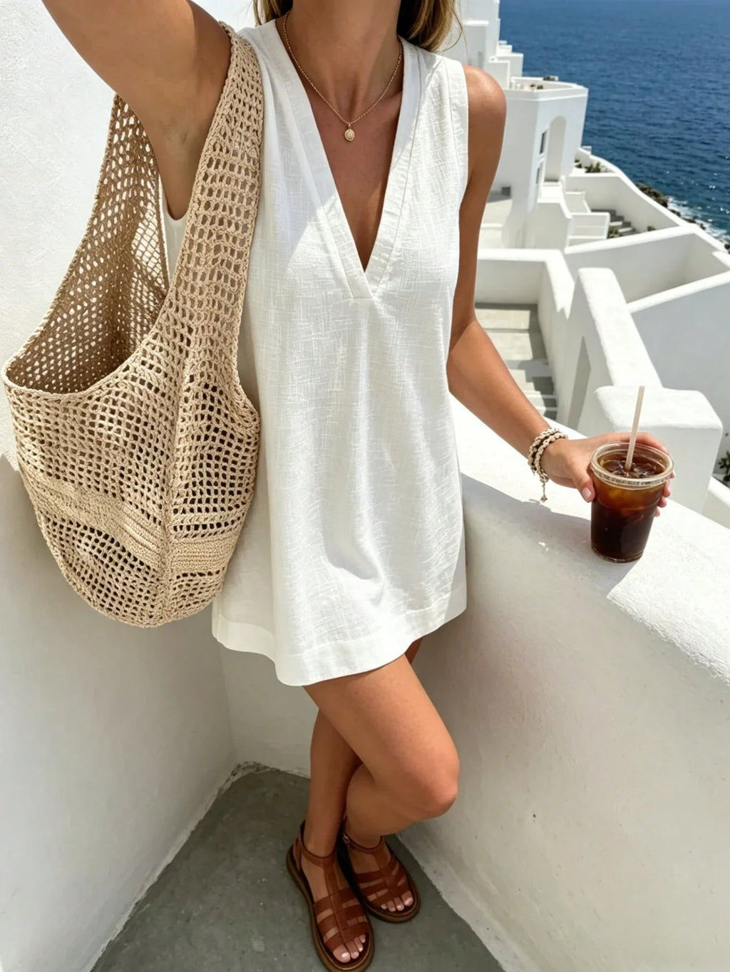 Women's White Cotton Sleeveless V-Neck Mini Dress – Casual A-Line Summer Dress