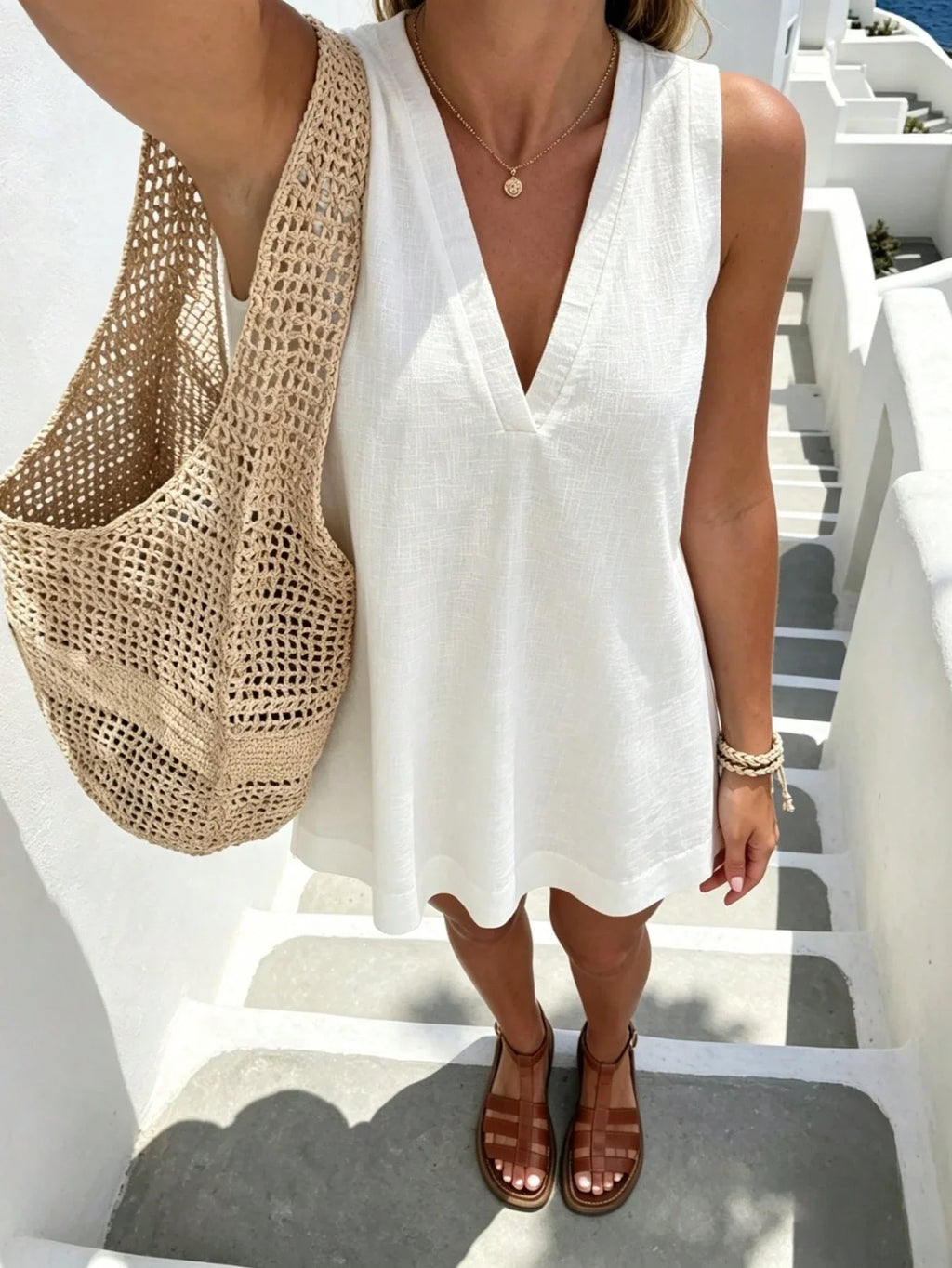 Women's White Cotton Sleeveless V-Neck Mini Dress – Casual A-Line Summer Dress