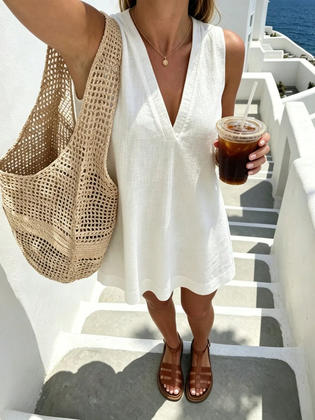 Women's White Cotton Sleeveless V-Neck Mini Dress – Casual A-Line Summer Dress
