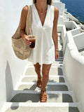Women's White Cotton Sleeveless V-Neck Mini Dress – Casual A-Line Summer Dress