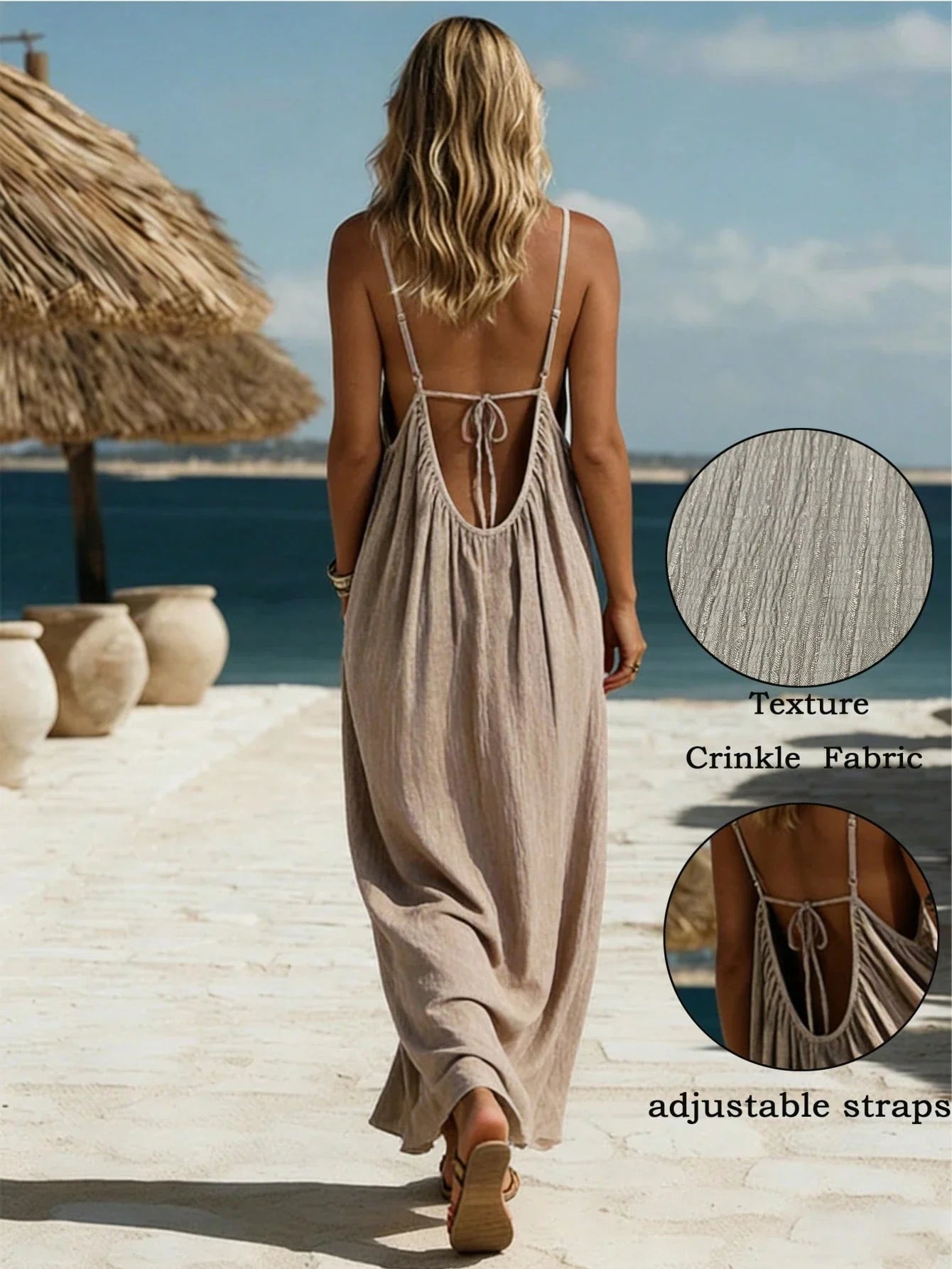 Women's Backless Tie-Up Maxi Dress – Elegant Khaki Beach Vacation Dress
