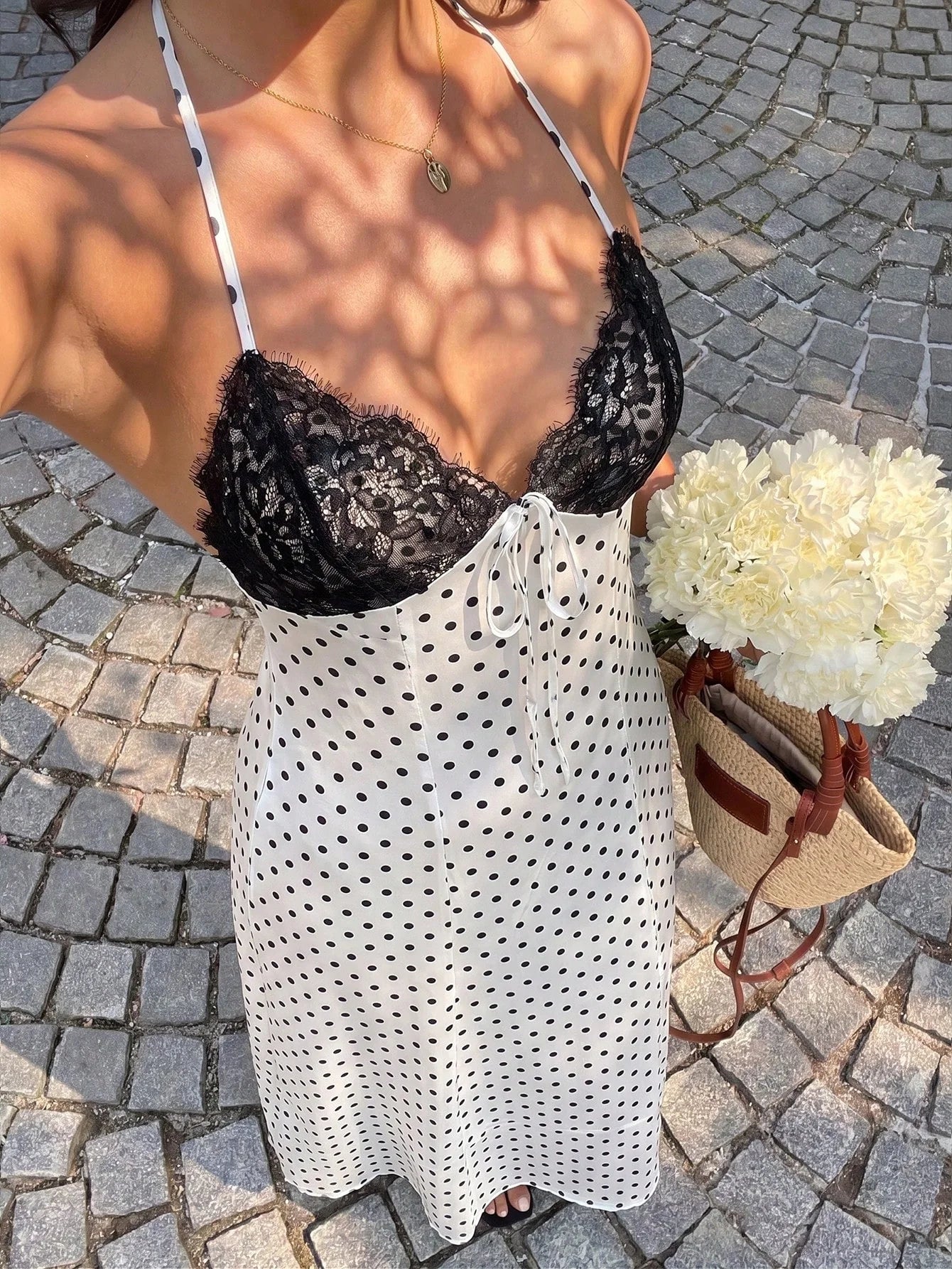 Women's Polka Dot Halter Backless Maxi Dress – Elegant Black Tie-Back Vacation Dress