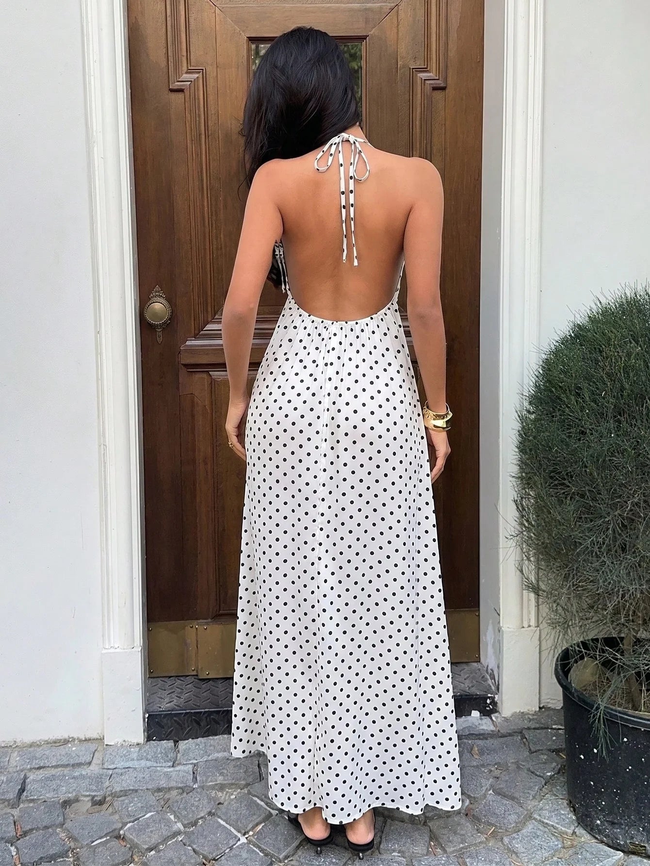 Women's Polka Dot Halter Backless Maxi Dress – Elegant Black Tie-Back Vacation Dress