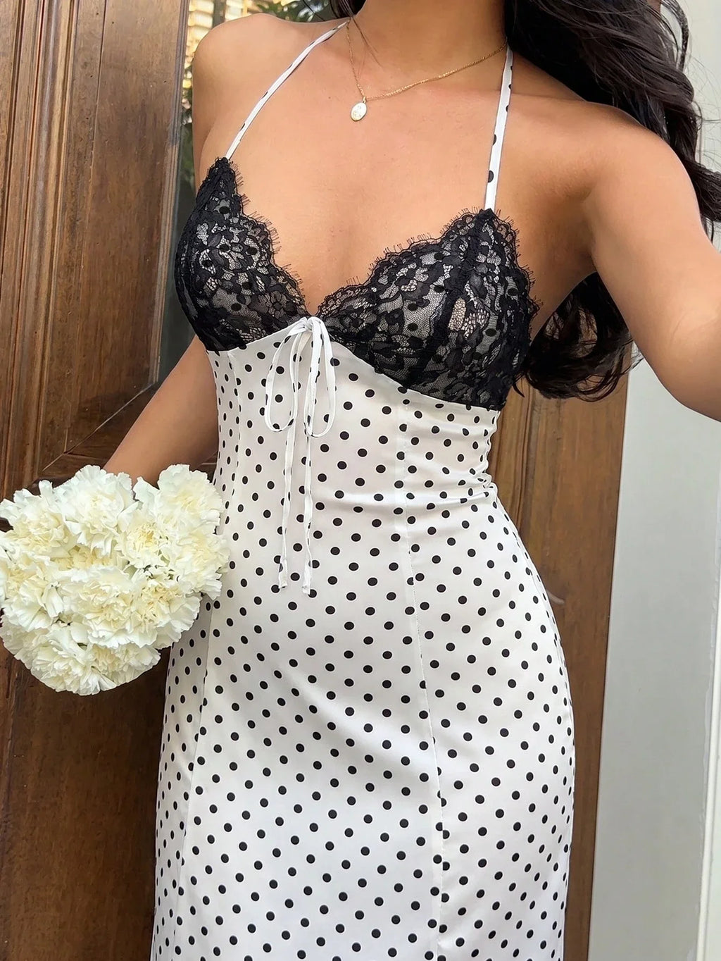 Women's Polka Dot Halter Backless Maxi Dress – Elegant Black Tie-Back Vacation Dress