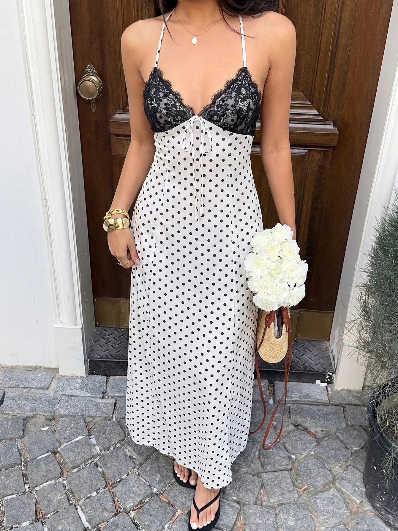 Women's Polka Dot Halter Backless Maxi Dress – Elegant Black Tie-Back Vacation Dress