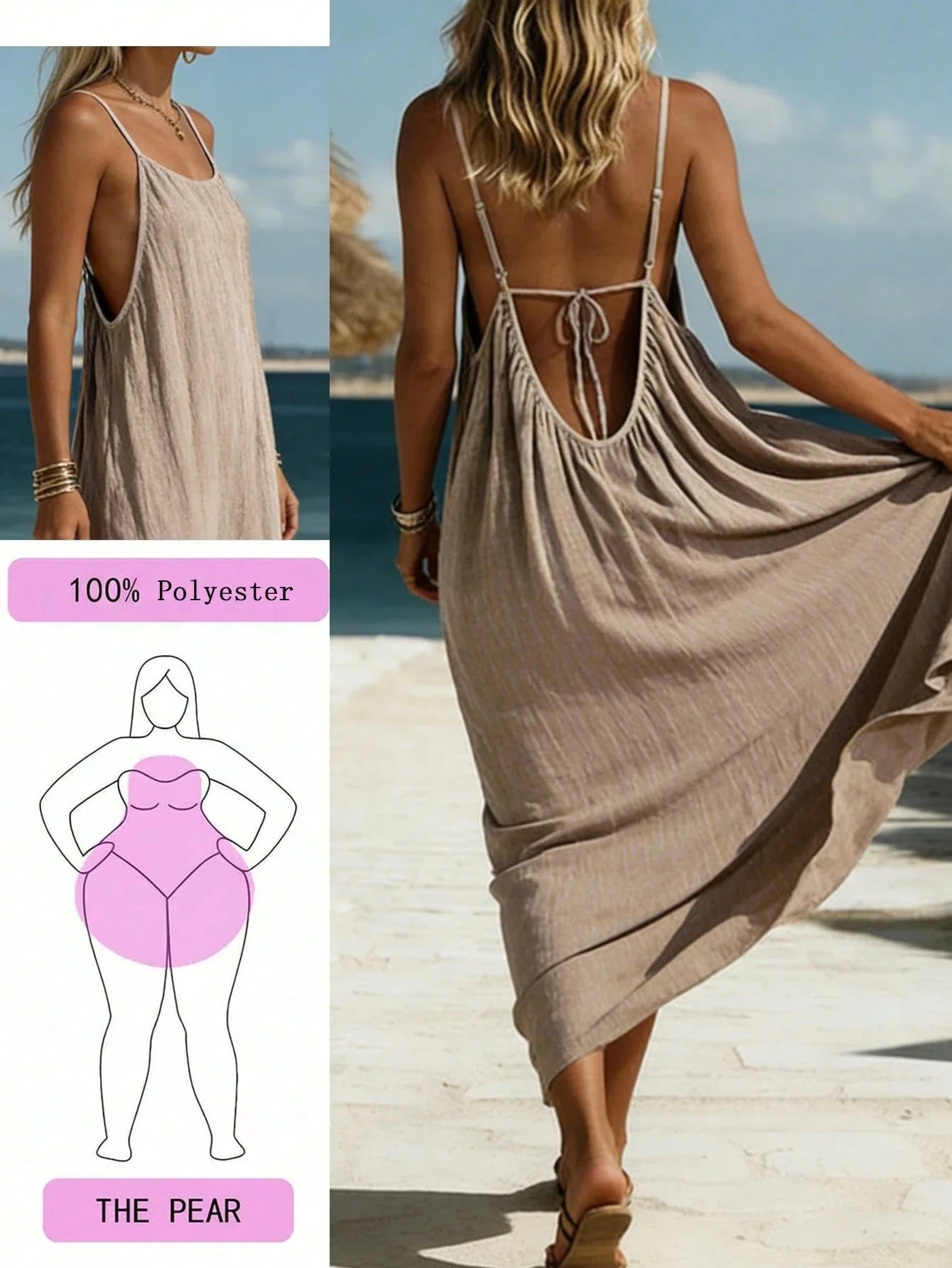 Women's Backless Tie-Up Maxi Dress – Elegant Khaki Beach Vacation Dress