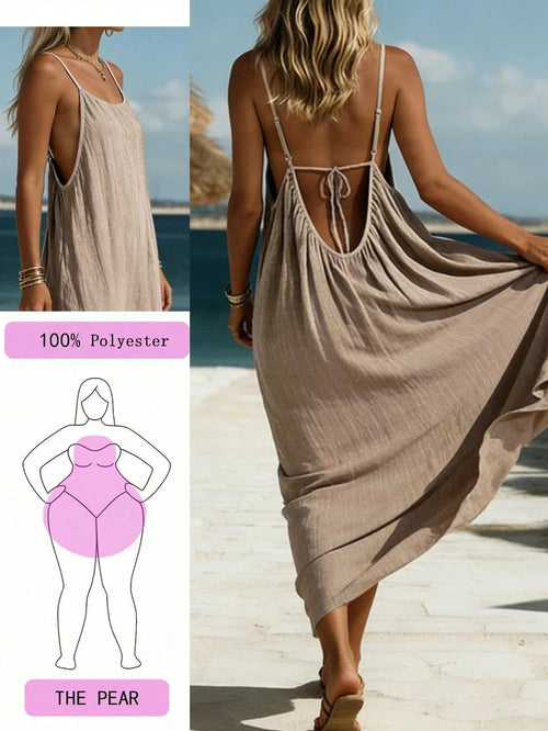 Women's Backless Tie-Up Maxi Dress – Elegant Khaki Beach Vacation Dress