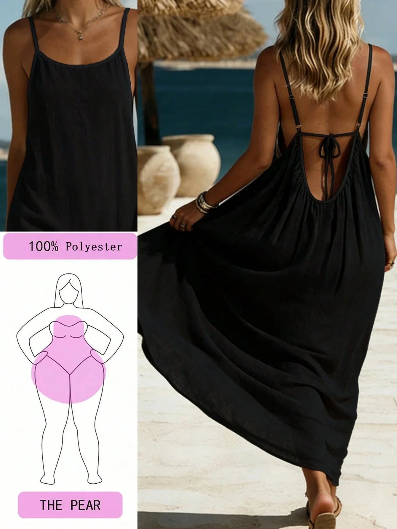 Women's Solid Color Casual Woven Fabric Backless Tie-Up Dress, Beach Resort Wear For Summer Party Elegant Black
