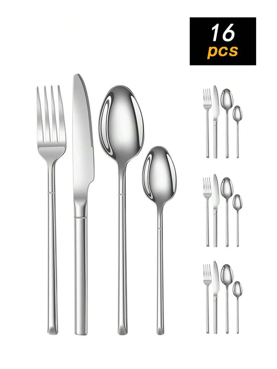 4pcs/16pcs/24pcs Stainless Steel Knight Tableware Set, Knife, Fork, Spoon, Western Dinner Cutlery, Steak Knife & Fork, Dessert Spoon, For Hotel & Restaurant,School Supplies