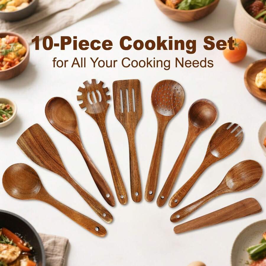 10pcs Wooden Cooking Utensil Set, Boxwood Kitchen Tools Set, Suitable For Non-Stick Pans & Cookware, Includes Spoons & Spatulas, Sturdy, Lightweight, Heat Resistant